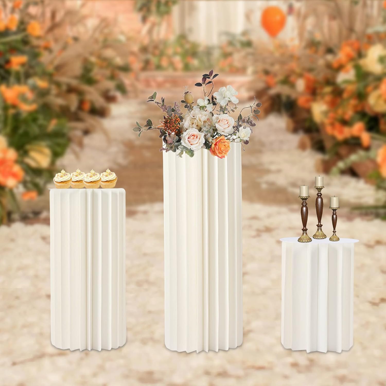Fetcoi Centros de mesa de boda, jarrones de cartón, exhibición de columnas plegables blancas con tapa acrílica, jarrón alto para flores, soporte de
