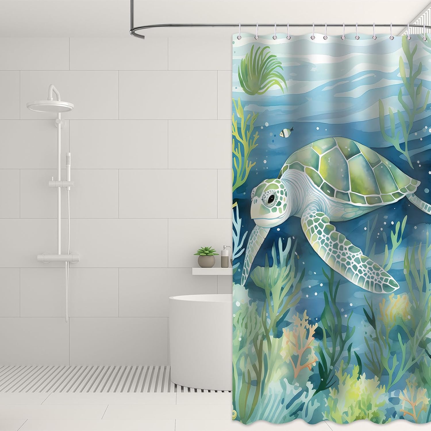 Cortina de ducha de tortuga marina, cortina de baño azul y verde azulado océano, peces bajo el agua, conchas marinas, planta acuática, juego de