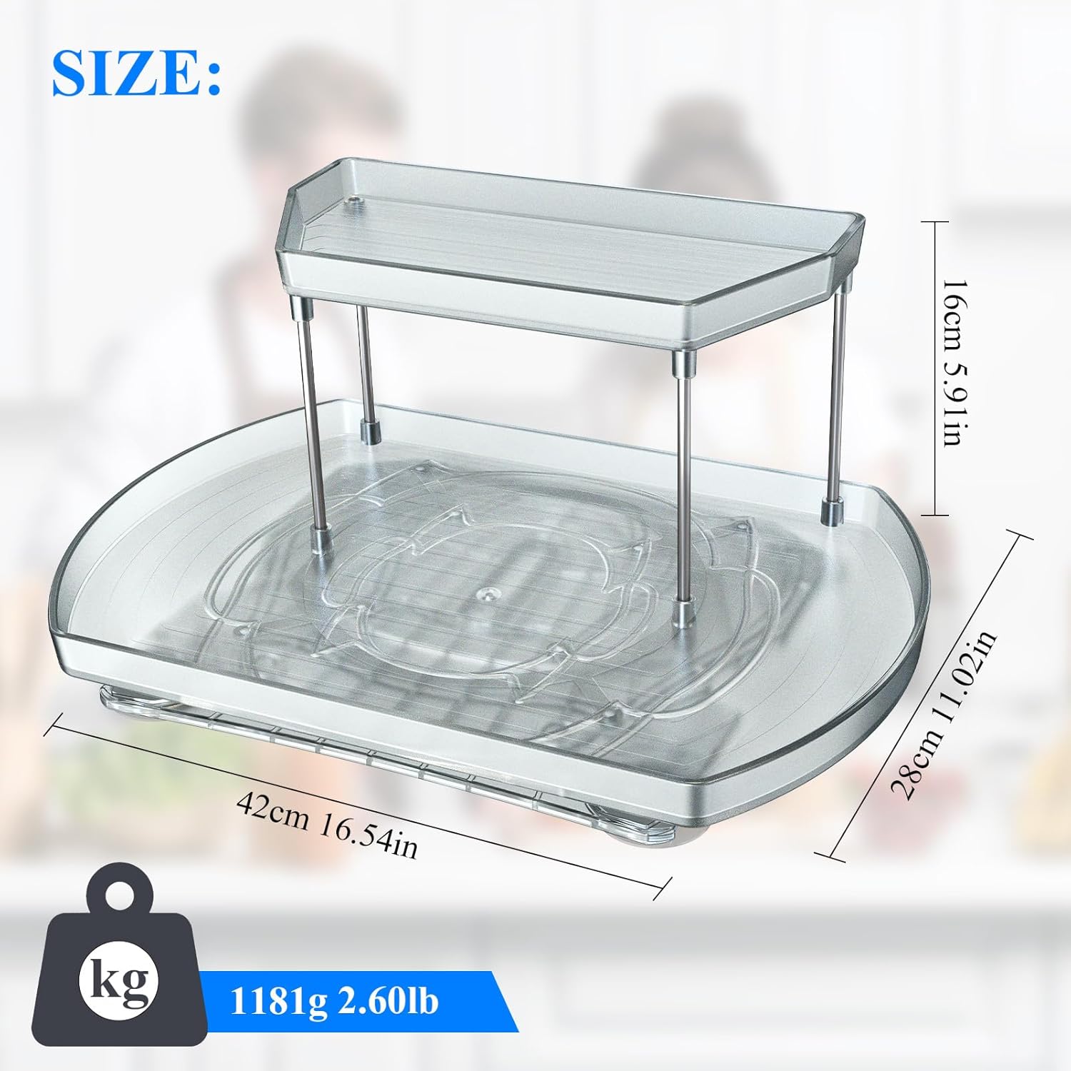 Lazy Susan de 2 niveles para refrigerador, cubos organizadores giratorios de 360, 16.54 x 11.02 x 5.91 pulgadas, organizadores de refrigerador y