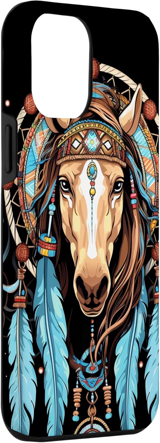 Funda tribal para iPhone 14 Pro Max Horse Dreamcatcher nativo americano plumas