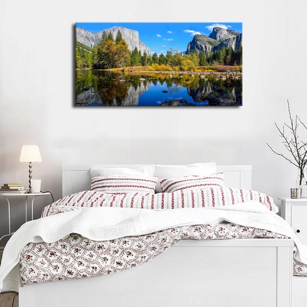 Lienzo grande para pared, paisaje de montaña y lago, arte en lienzo sobre el parque nacional de Yosemite, bosque verde, lago azul, agua, arte