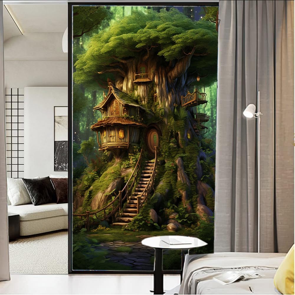Película de privacidad rústica para ventana, diseño retro de árbol de casa, vitral, bloqueo solar, control de calor, película decorativa para cubrir