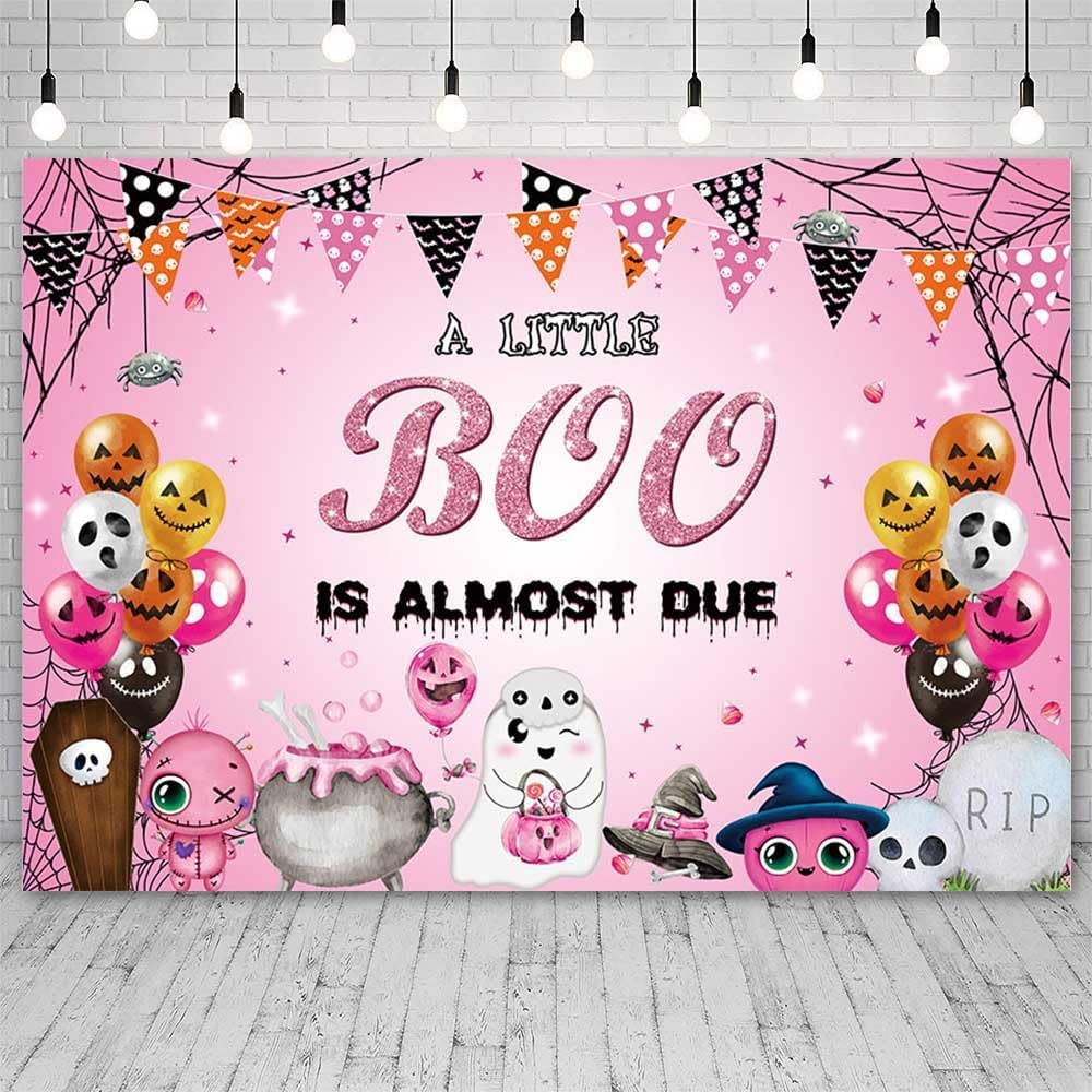 Telón de fondo de Halloween de 7 x 5 pies para baby shower, con texto en inglés “A Little Boo is Almost Due Baby Shower Decoraciones” de color rosa