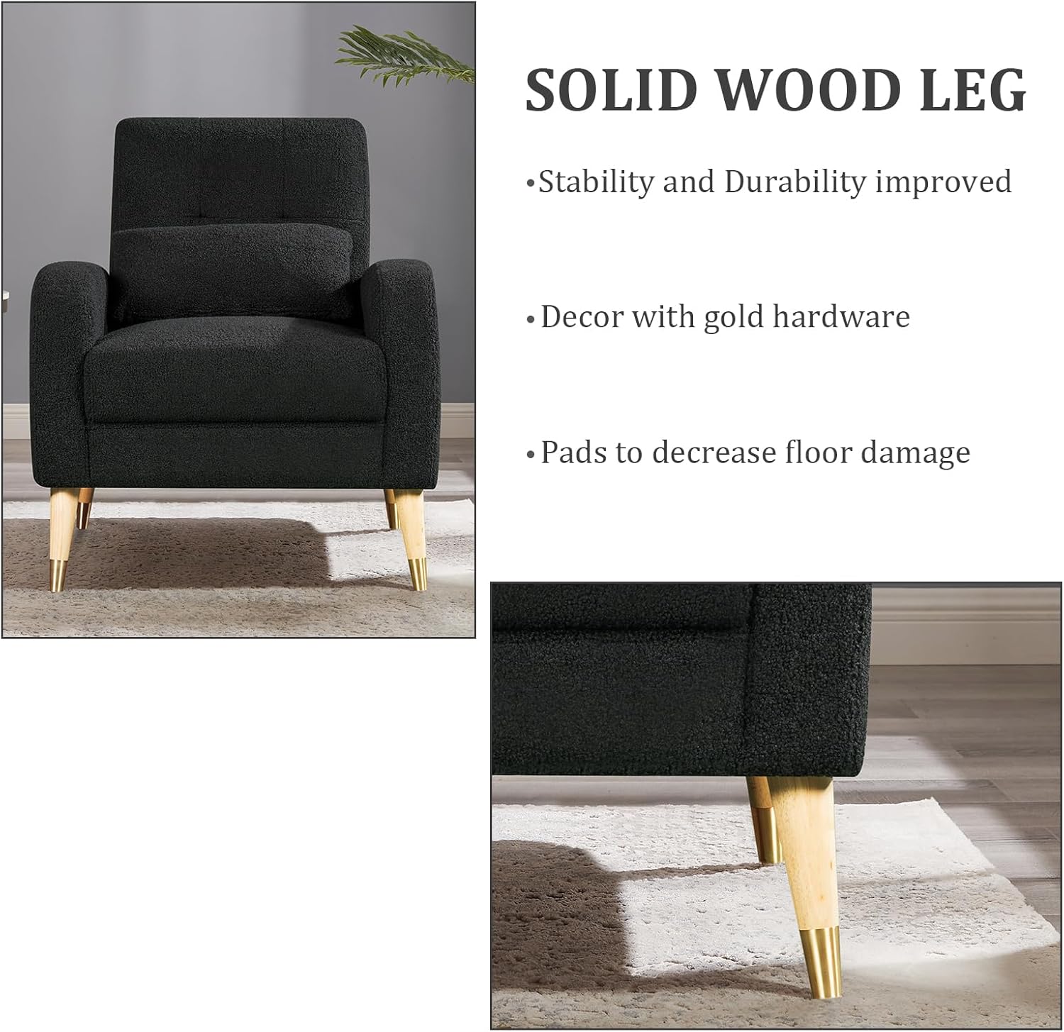Hommoo Silla decorativa moderna de mediados de siglo, cómoda silla de sofá de tela Boucle, silla auxiliar color crema con patas de madera, silla de