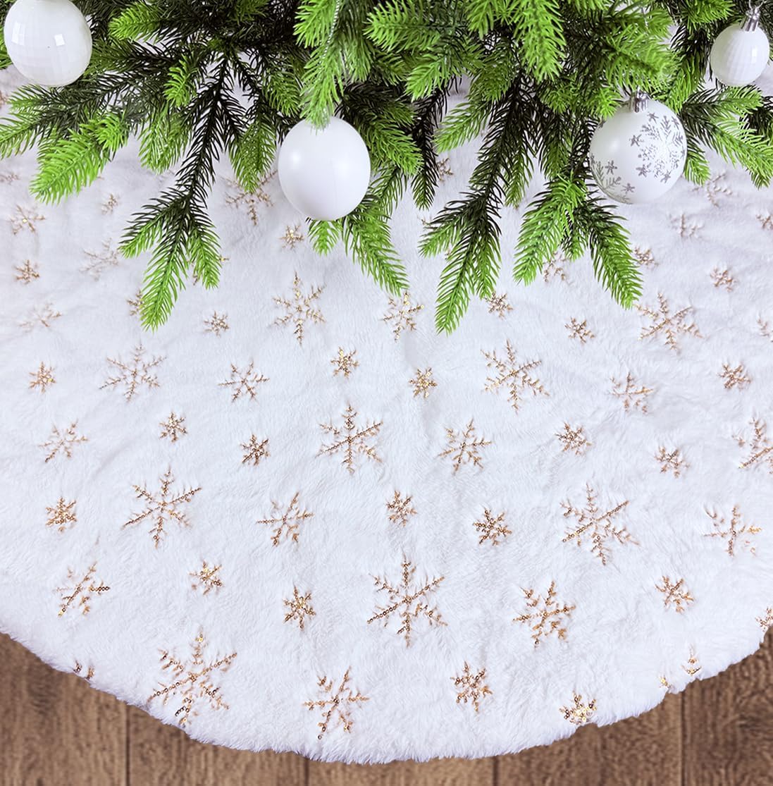 AOGU Decoración de falda de árbol de Navidad de piel sintética de lentejuelas de 36 pulgadas para fiesta de Feliz Navidad, decoración de falda de