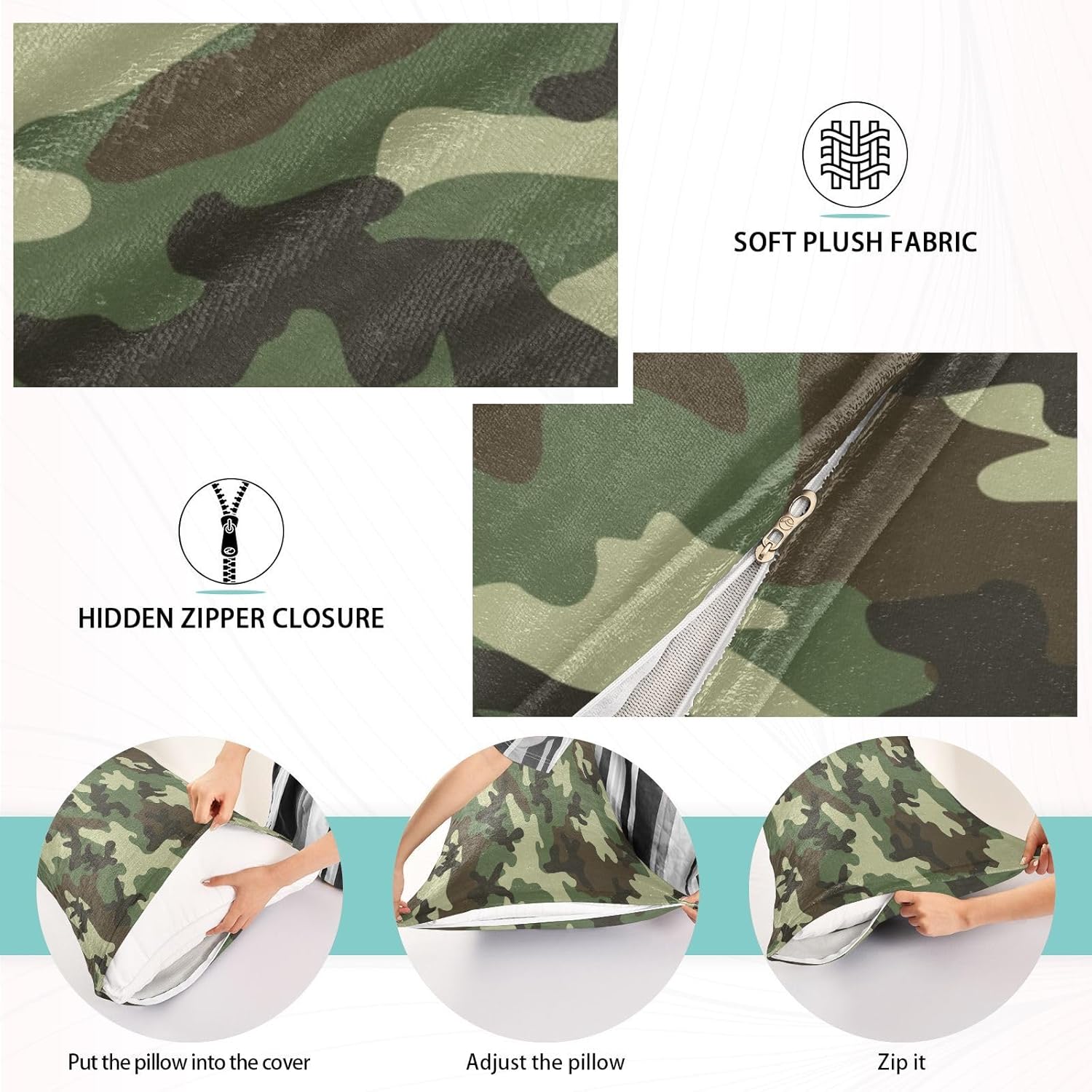 Funda de almohada de camuflaje militar para cabello y piel, fundas de almohada tamaño Queen de 20 x 30 pulgadas, fundas de almohada tamaño corporal