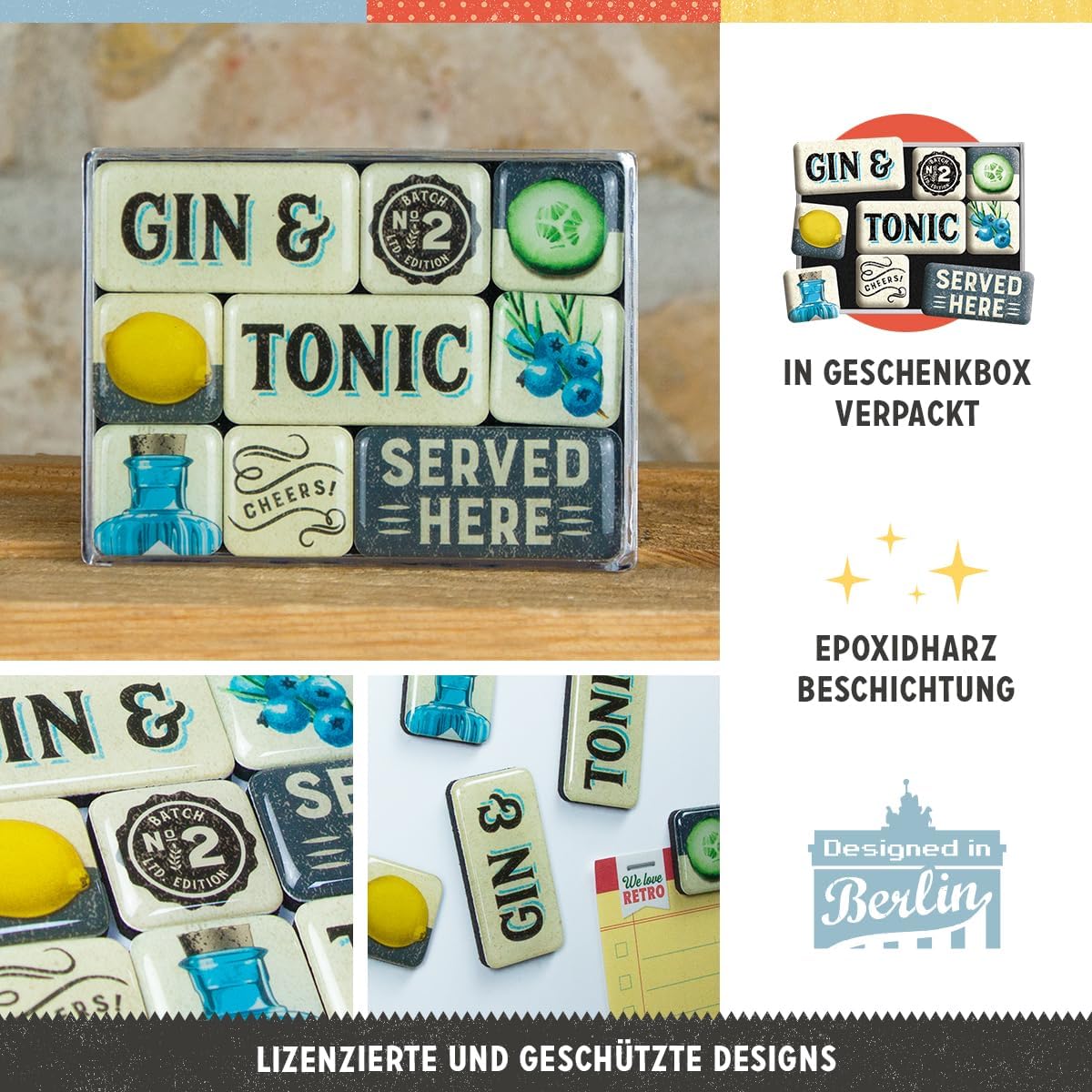 Nostalgic-Art Imanes de nevera estilo retro, Gin & Tonic Served Here  Idea de regalo para aficionados al cóctel, juego de imanes para tablero de