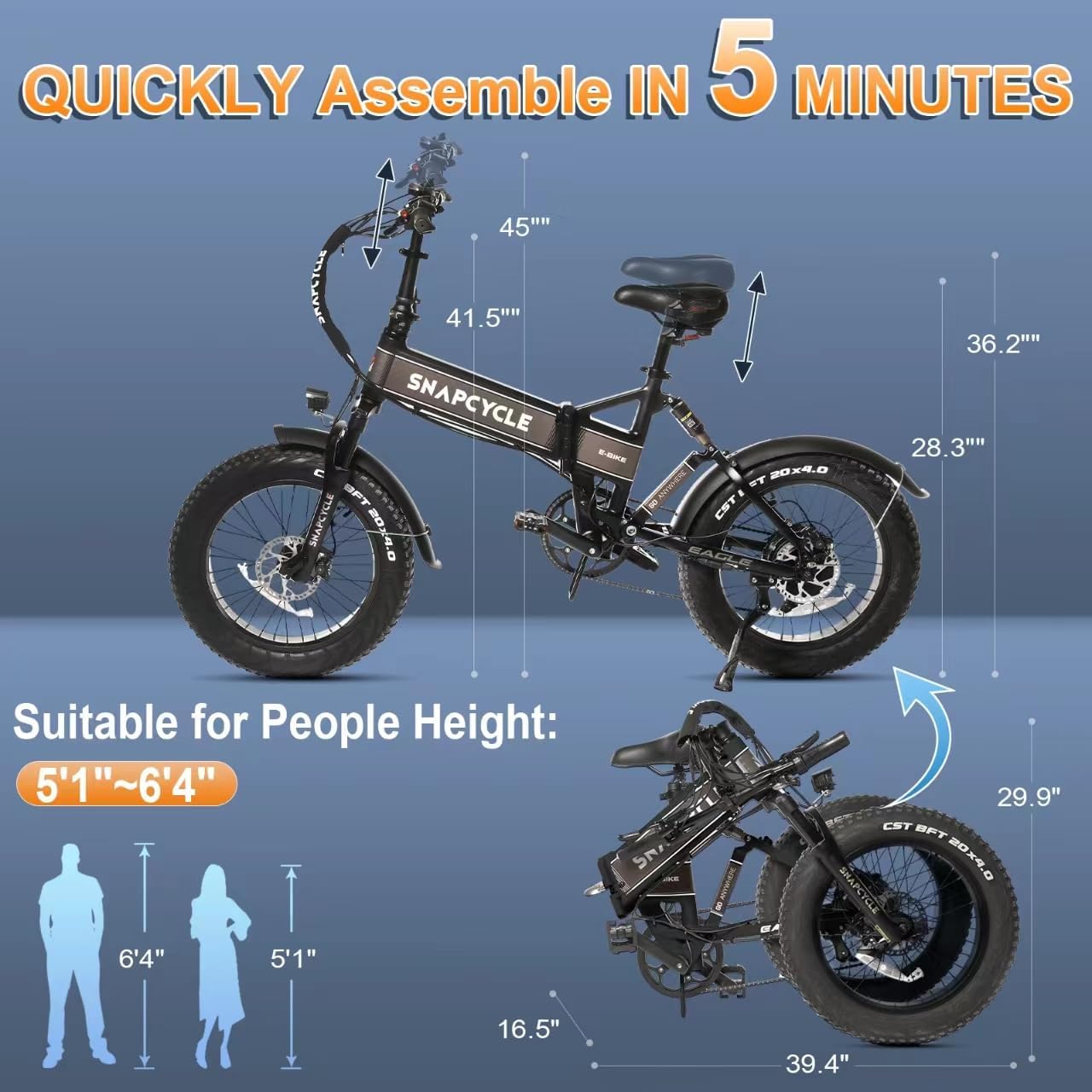 Snapcycle Eagle – Bicicleta eléctrica plegable de 750 W para adultos, 28 MPH, 20 pulgadas, neumático grueso, batería extraíble Samsung, 48 V, 15 Ah,
