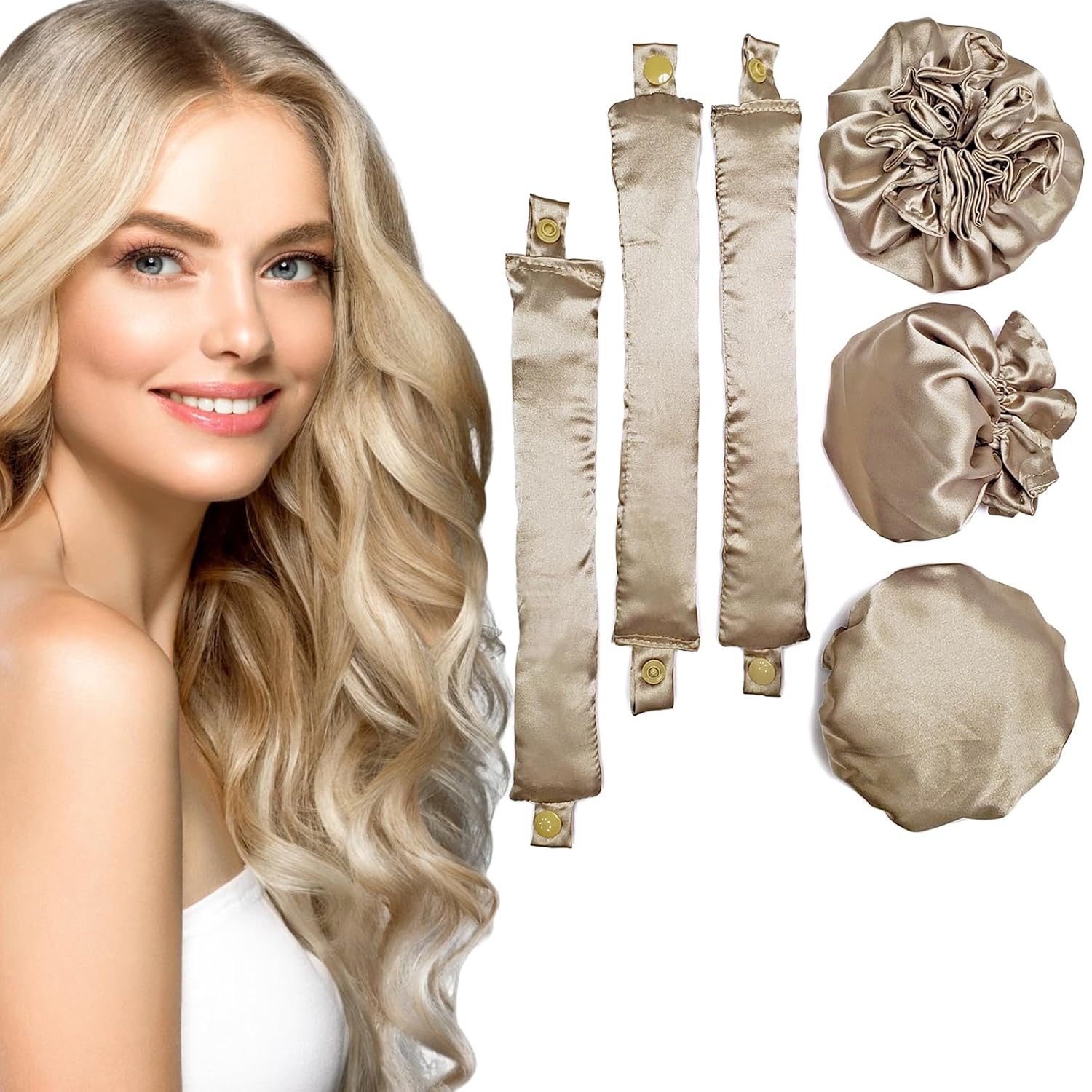 3 juegos6 rodillos de cabello sin calor de satén Ariuvor para rizos nocturnos, varillas suaves para diadema con gorras para todo tipo de cabello (3