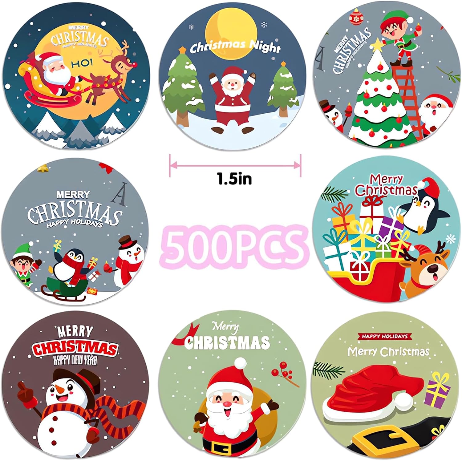 Etiquetas adhesivas de Navidad de 1.5 pulgadas, 500 unidades de 8 diseños de calcomanías de rollo de Navidad, muñeco de nieve, Papá Noel, reno,