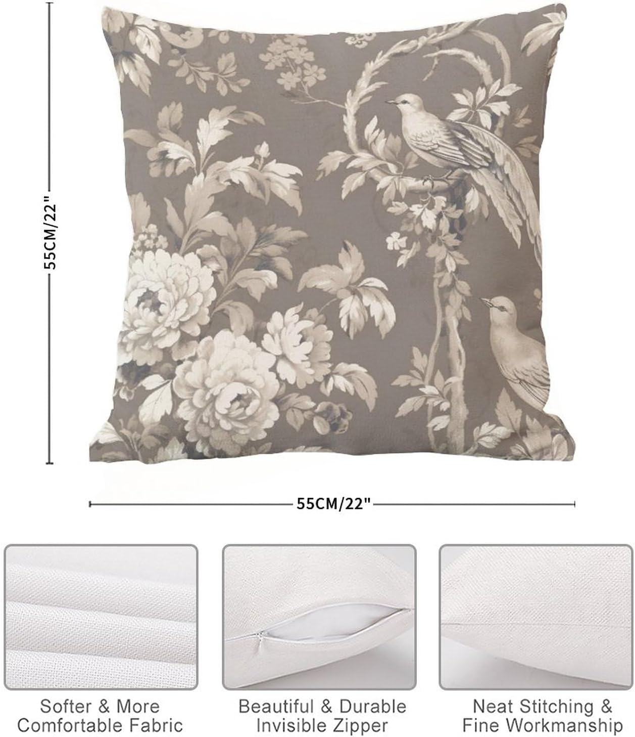MangGou Fundas de almohada estilo chinoiserie de color tostado floral de 22 x 22 pulgadas, funda de almohada de inspiración asiática Eurosham Accent