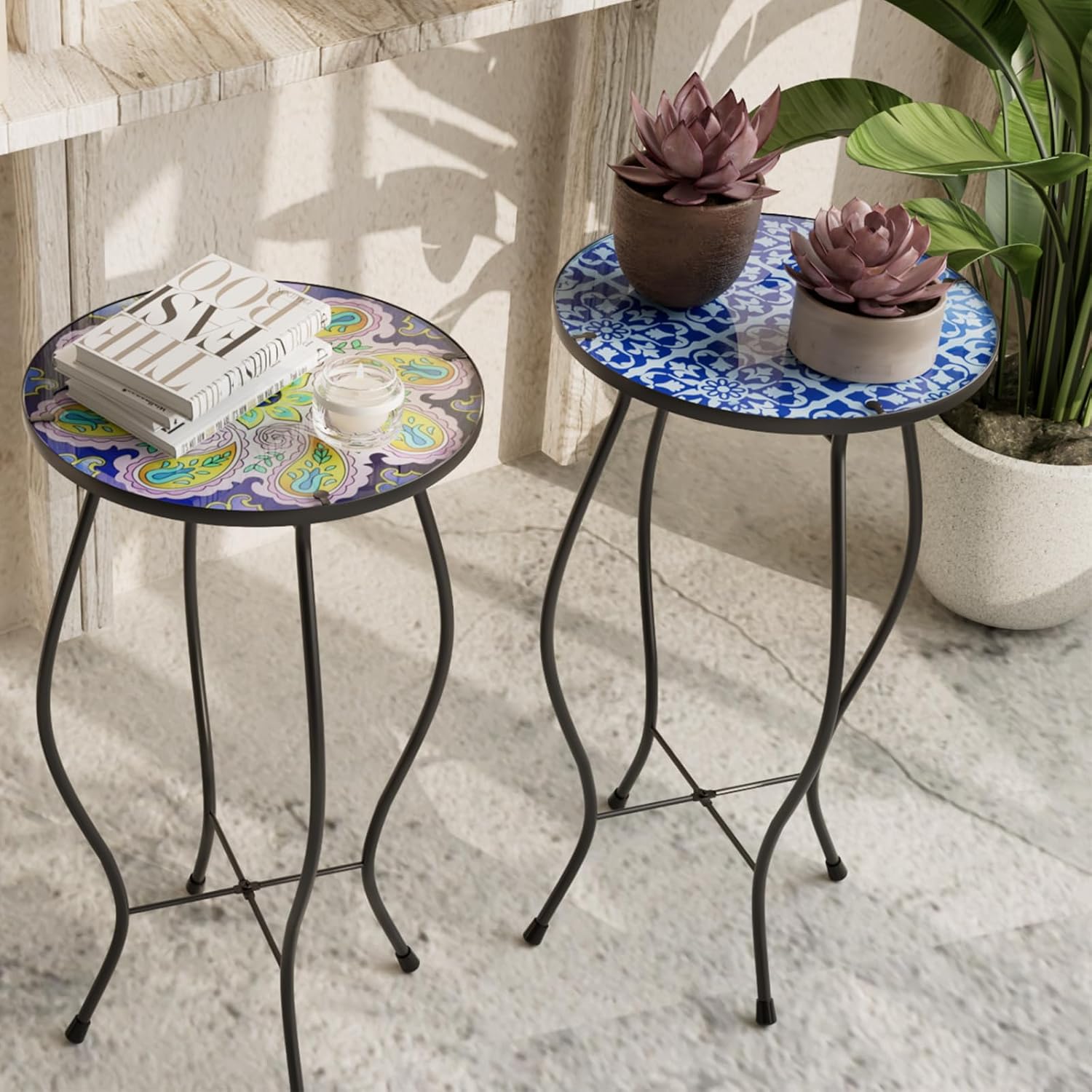 Paytonture Mesa auxiliar de patio, mesa de mosaico al aire libre, mesa auxiliar de plantas, porche pequeño, mesa azul y blanca para interiores,