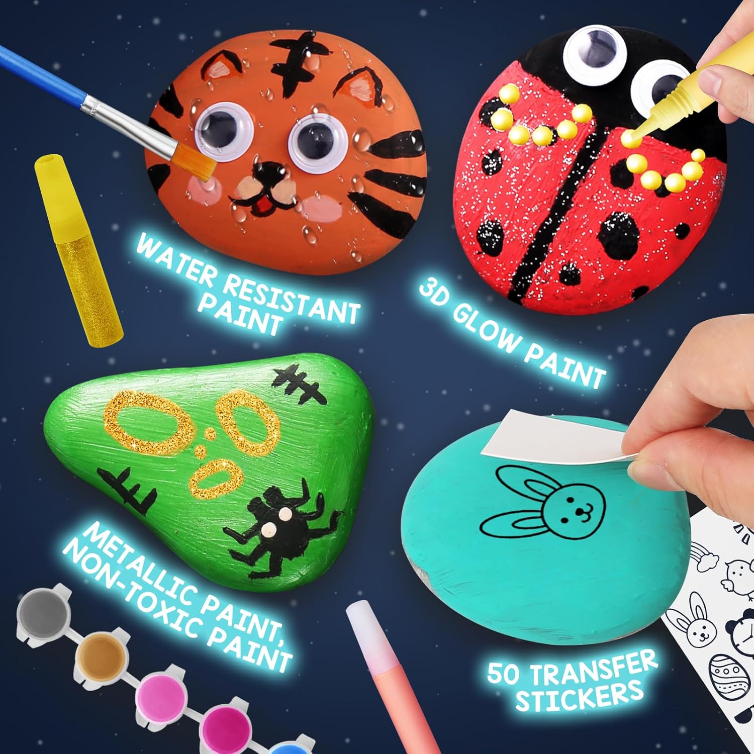 BainGesk Kit de pintura de roca que brilla en la oscuridad para niños, juego de manualidades de pintura, regalos de artes y manualidades para edades