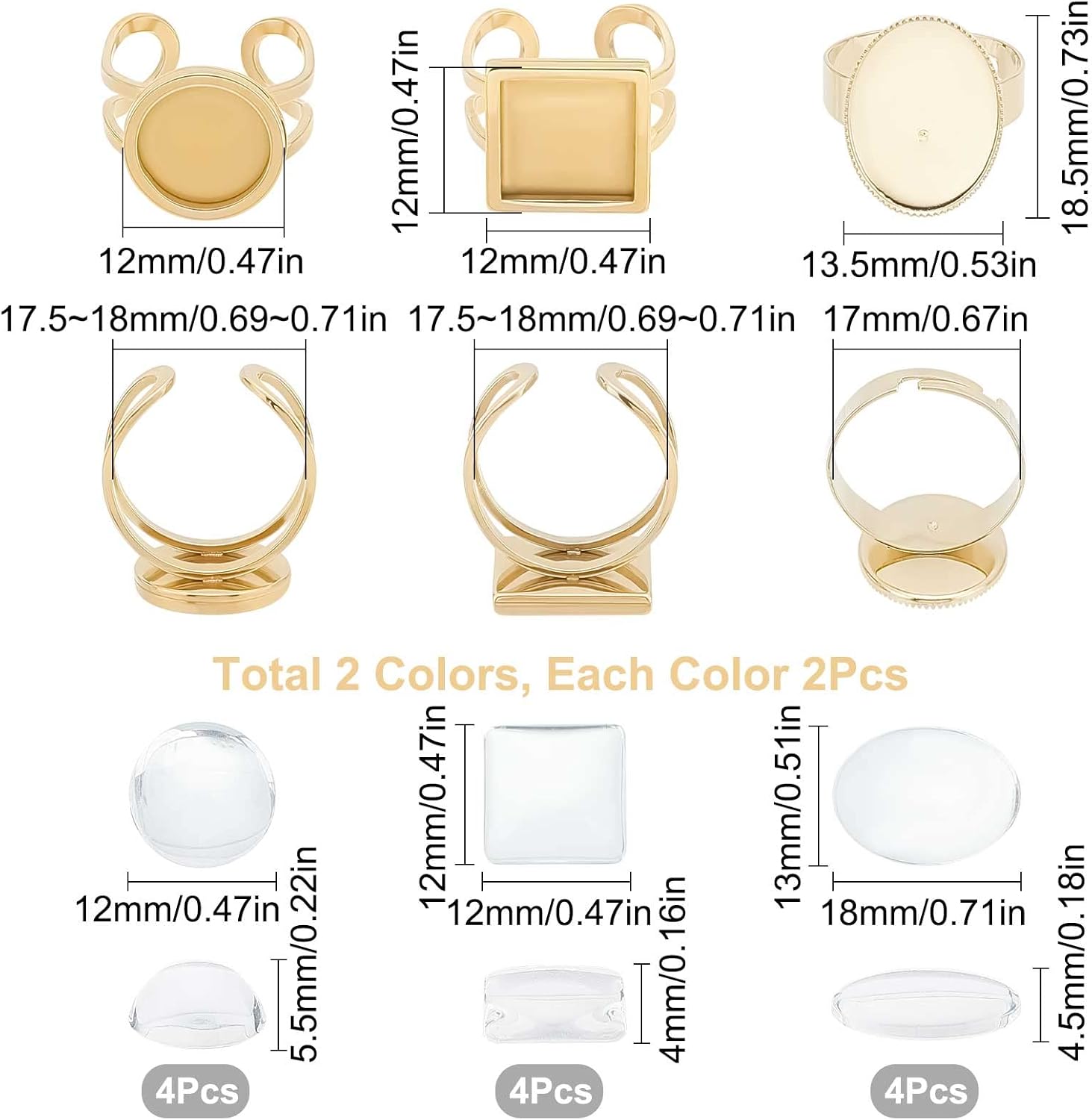 SUNNYCLUE 24 piezas DIY 12 juegos de anillos de dedo en blanco anillos bisel bandejas ajustables de acero inoxidable anillo base anillos en blanco