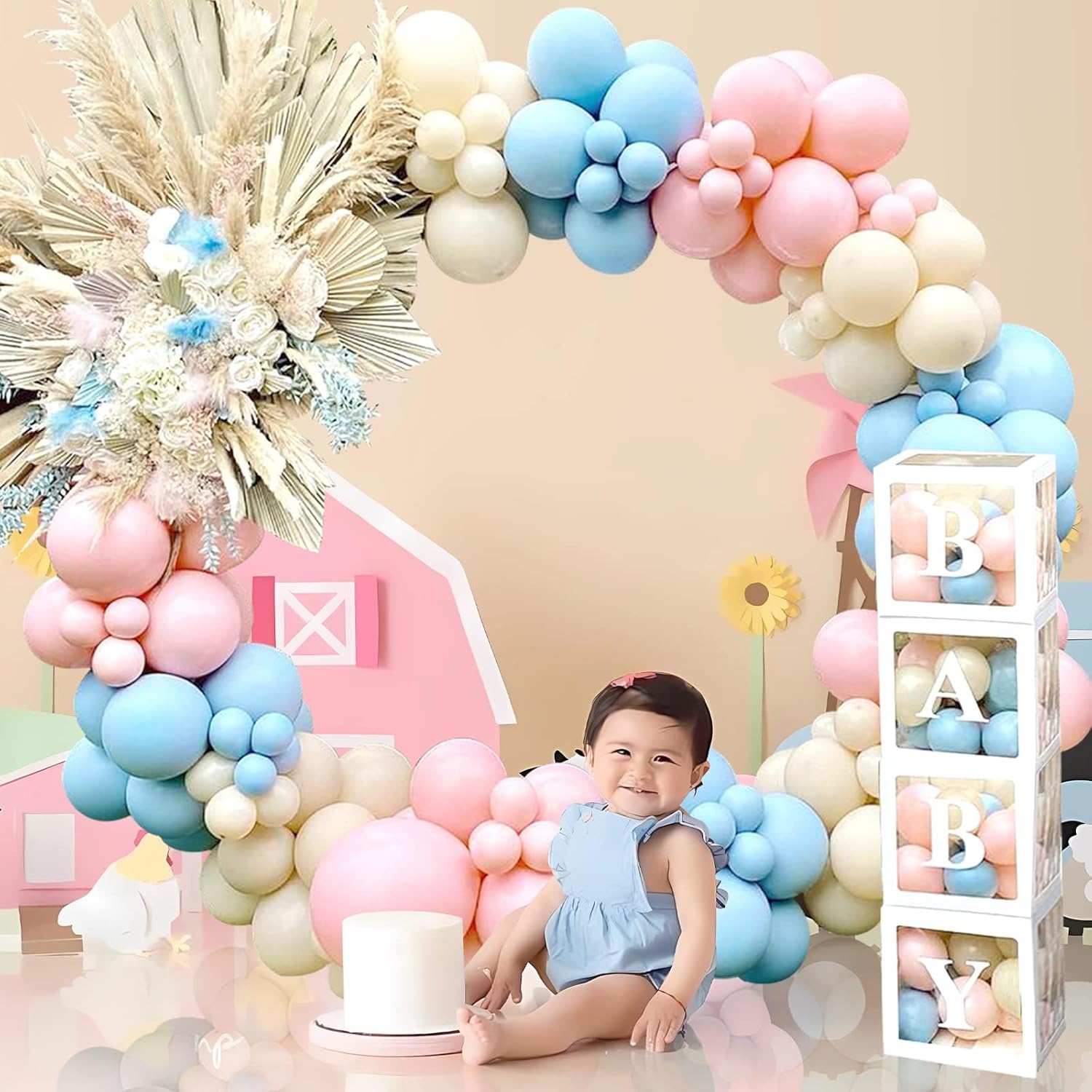 Decoraciones de revelación de género para baby shower, kit de arco de 176 globos rosas y azules, caja de bebé con letras para decoración de