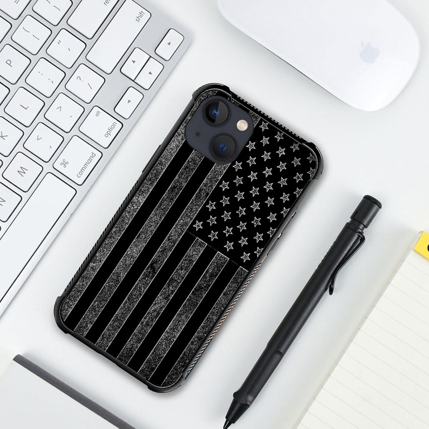 ZHEGAILIAN Funda compatible con iPhone 15 Plus, fundas de bandera estadounidense en blanco y negro, parte trasera de vidrio templado+funda