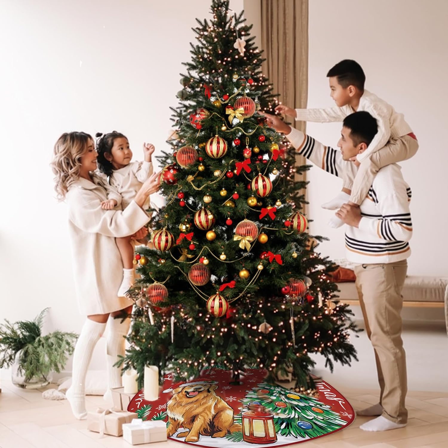 Feliz Navidad Golden Retriever – Falda de árbol de perro de 36 pulgadas con cordones, sombrero de Papá Noel, falda de árbol de Navidad roja