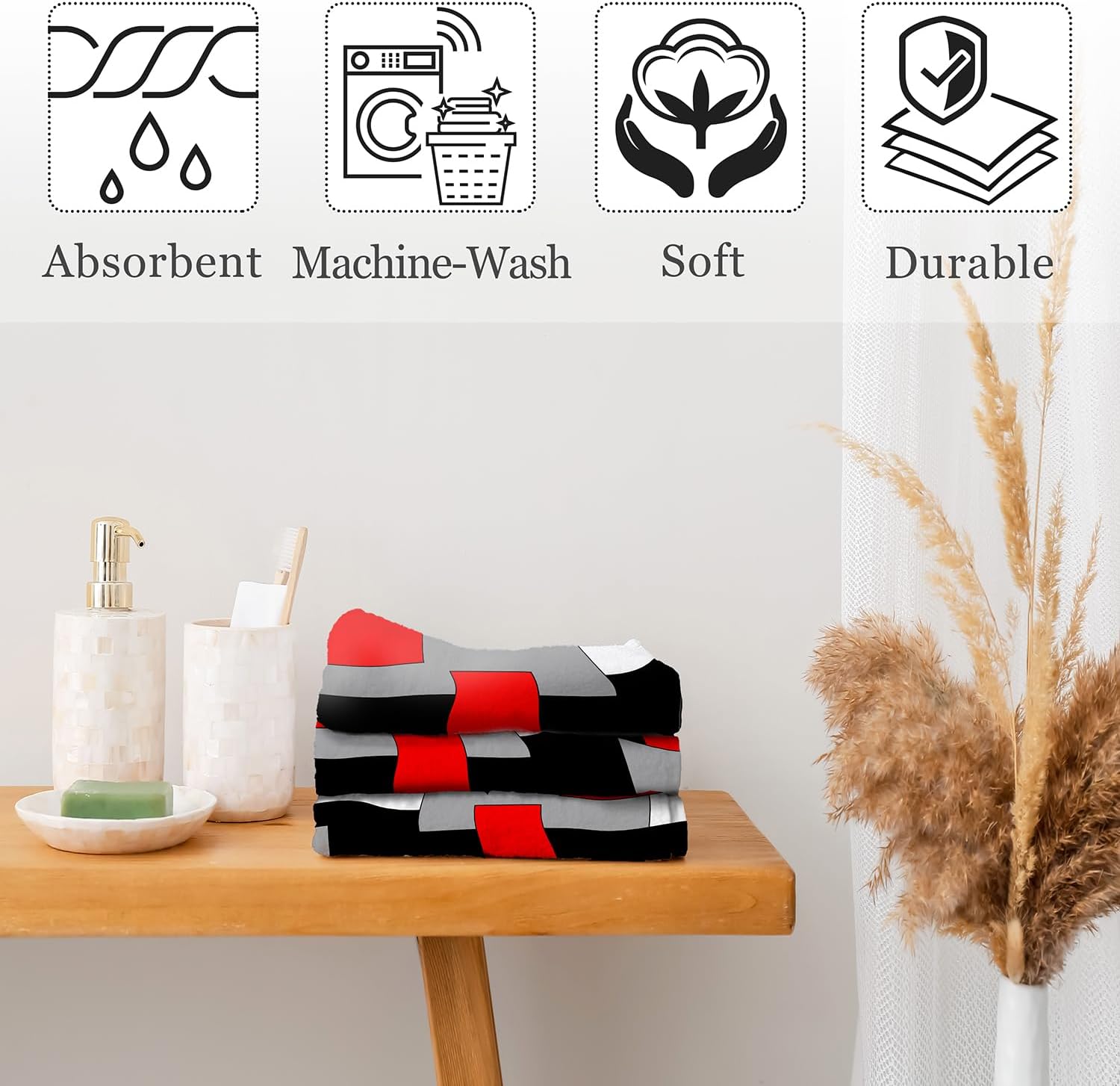 Juego de 2 toallas de mano para baño, cocina, color rojo, negro, gris, blanco, decorativas, ultra suaves, absorbentes, para baño, cocina, juego de 2
