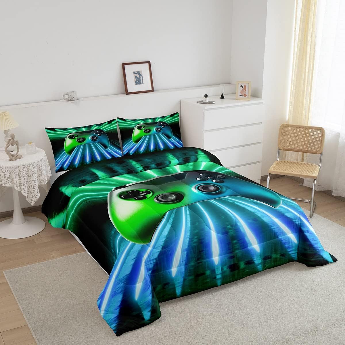 Erosebridal Juego de edredón con estampado de consola de videojuegos, color verde y azul, juego de ropa de cama tamaño Queen moderno con estampado