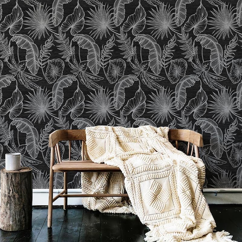Papel tapiz de vinilo autoadhesivo con hojas de otoño bohemias, color negro, blanco, autoadhesivo, extraíble, retro, decoración de pared, sala de