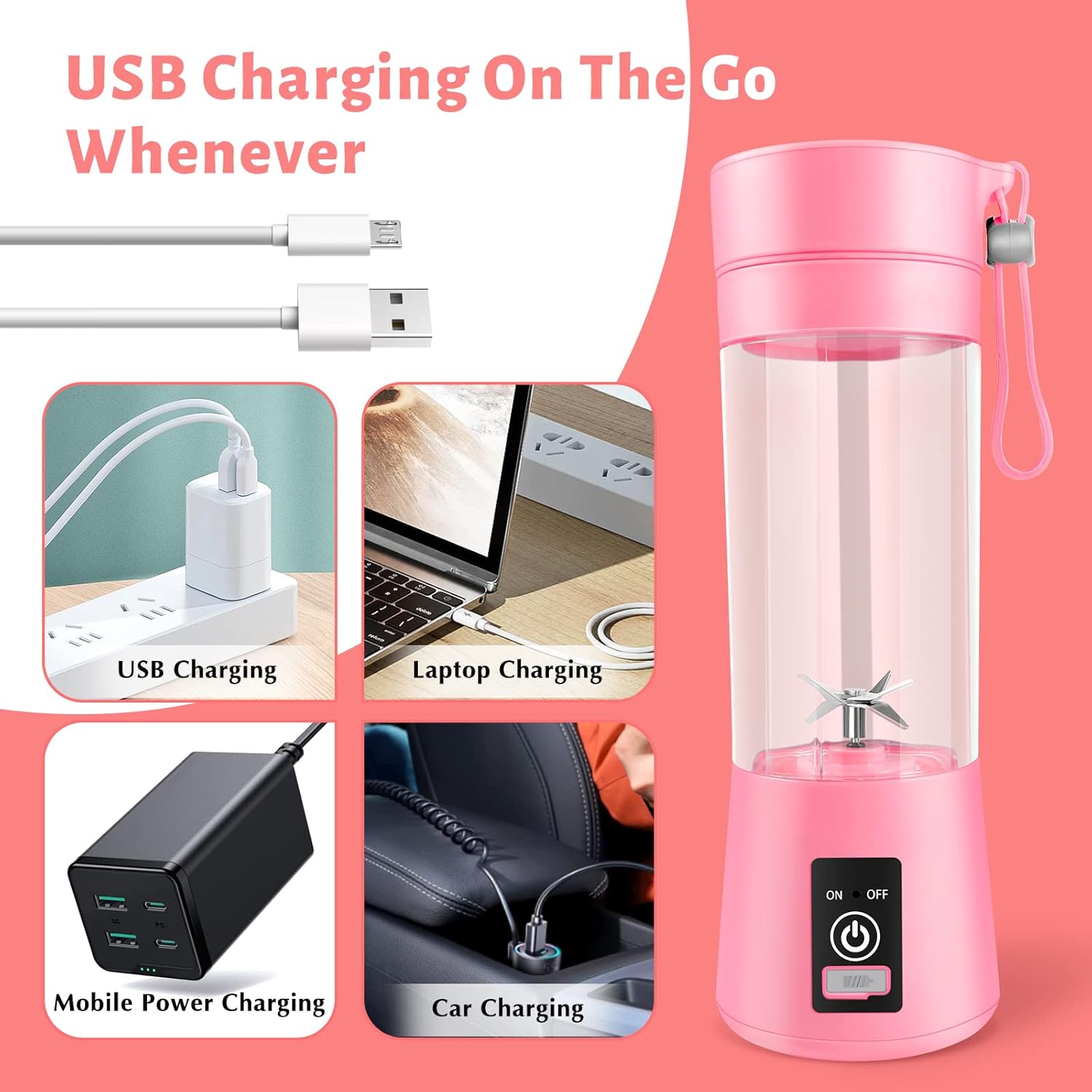 Licuadora portátil, licuadora personal para batidos y batidos, batido de batido para cocina, licuadoras de tamaño personal con USB recargable, 12.8