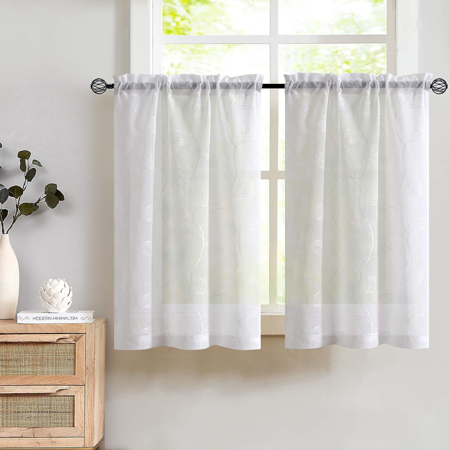 Topick Cortinas transparentes con diseño bordado de hojas, bolsillo para barra, cortinas para ventana de cocina, 2 paneles de 24 pulgadas, color