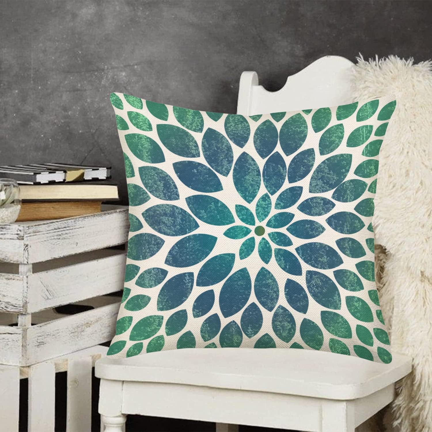 Fundas de almohada de hojas de 18 x 18 pulgadas, modernas, geométricas de hojas de eucalipto, verde y azul, fundas de almohada de algodón, lino,