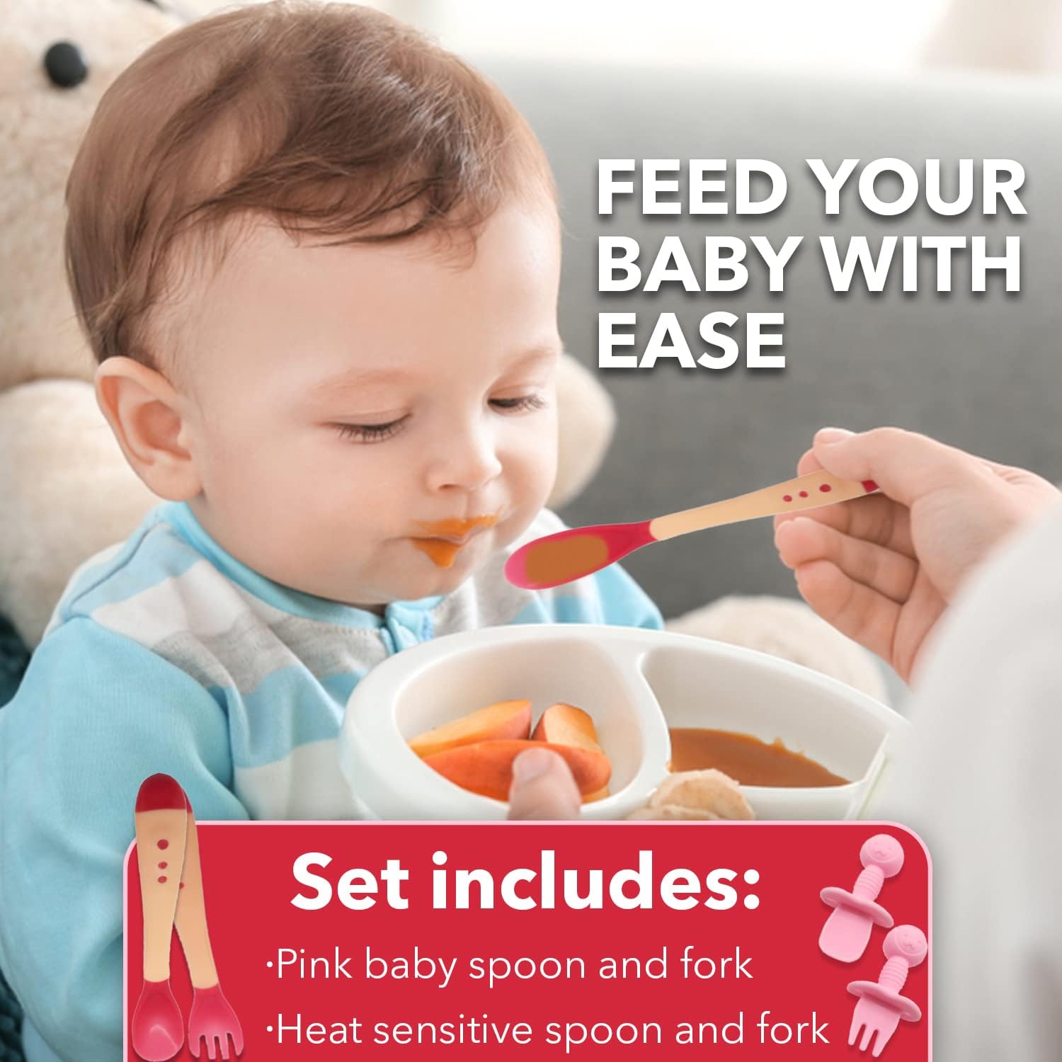 Gadgetime USA Juego de 4 piezas de cucharatenedor de silicona y utensilios para bebés sensibles al calor, para entrenamiento de niños pequeños y