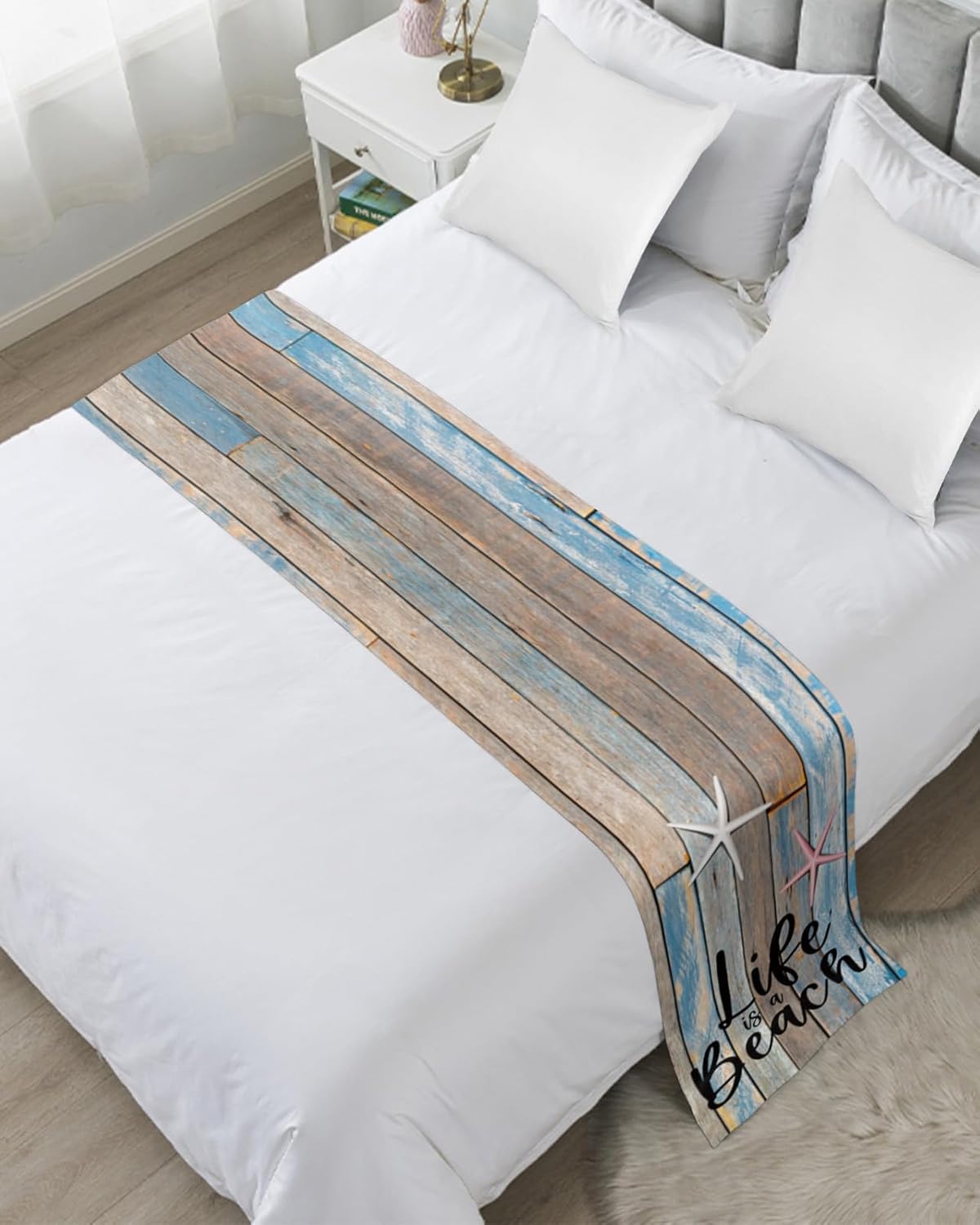 Bed Runner Scarf Wooden Board Quotes – Life is Better at the Beach Bedding Scarf Decorative Bed Runners Cover for Home Bedroom Hotel Wedding Room