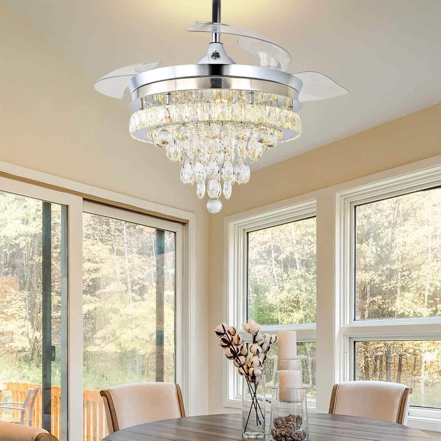 Finktonglan Ventilador de techo moderno de cristal de 42 pulgadas con luces con control remoto, ventilador de techo retráctil con luz LED empotrada,