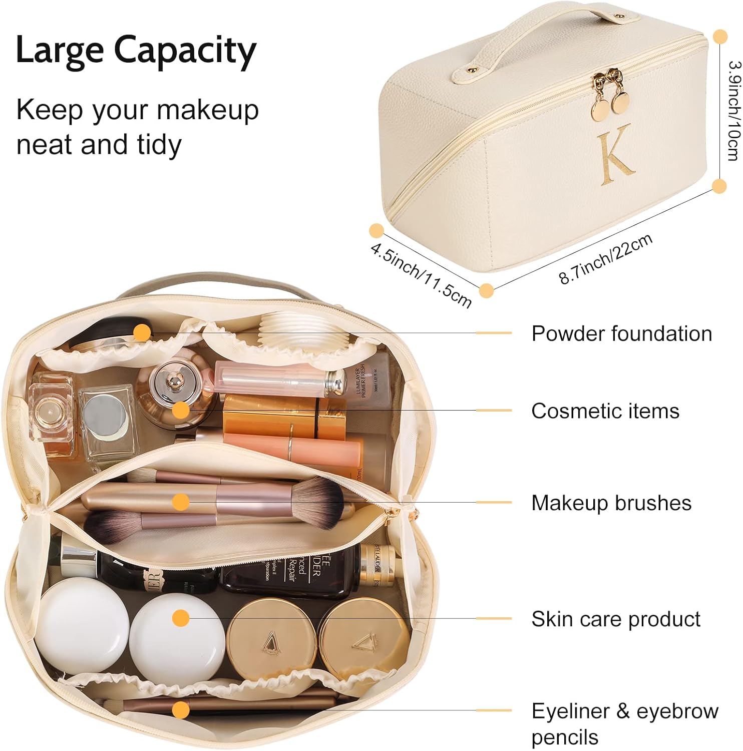 Optish Bolsa de maquillaje de viaje, bolsas de cosméticos de viaje de gran capacidad para mujeres, portátil, impermeable, maquillaje Ba, Beige, K