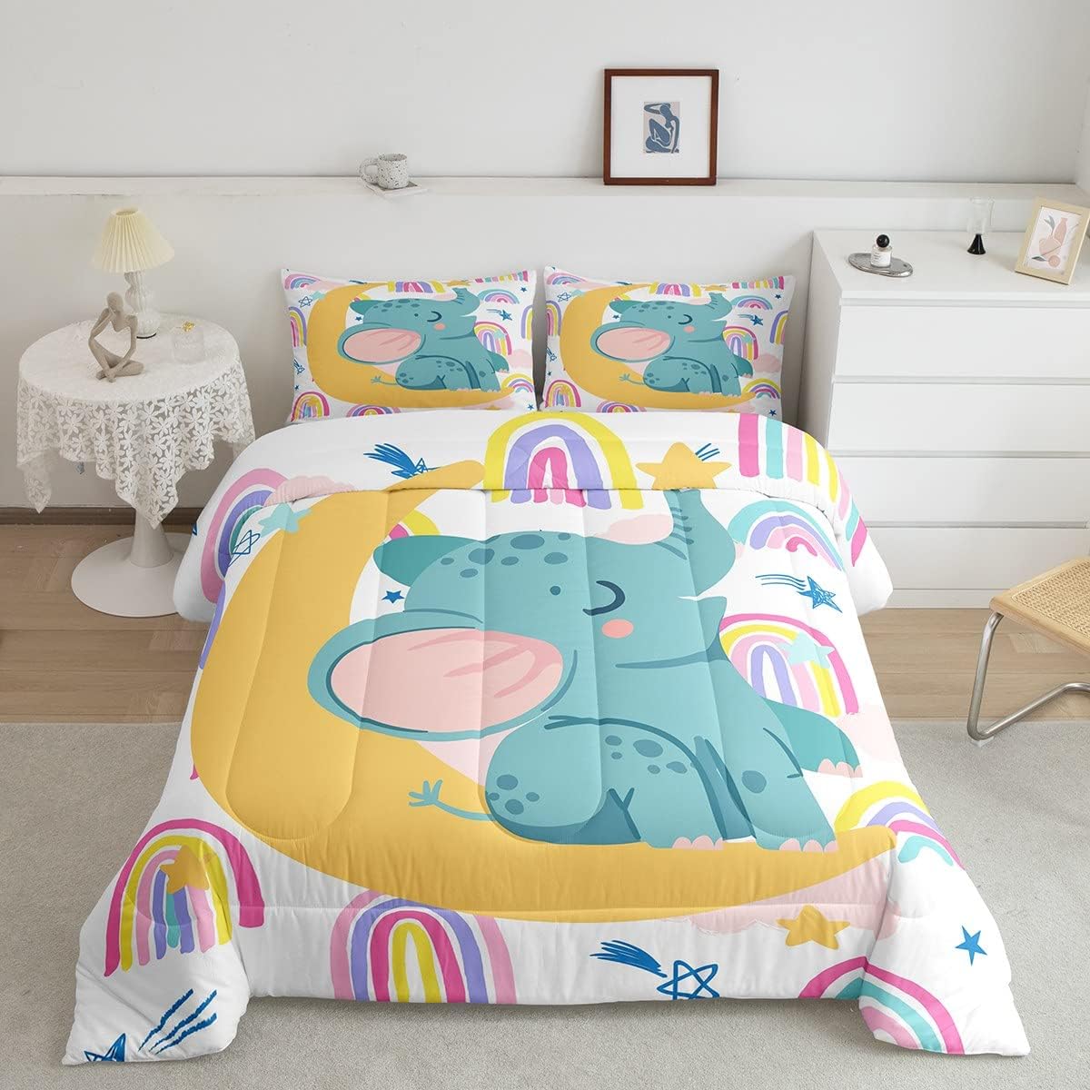 Feelyou Juego de edredón con diseño de arco iris, juego de ropa de cama con estampado de elefante, lindo juego de edredón acolchado de animales para