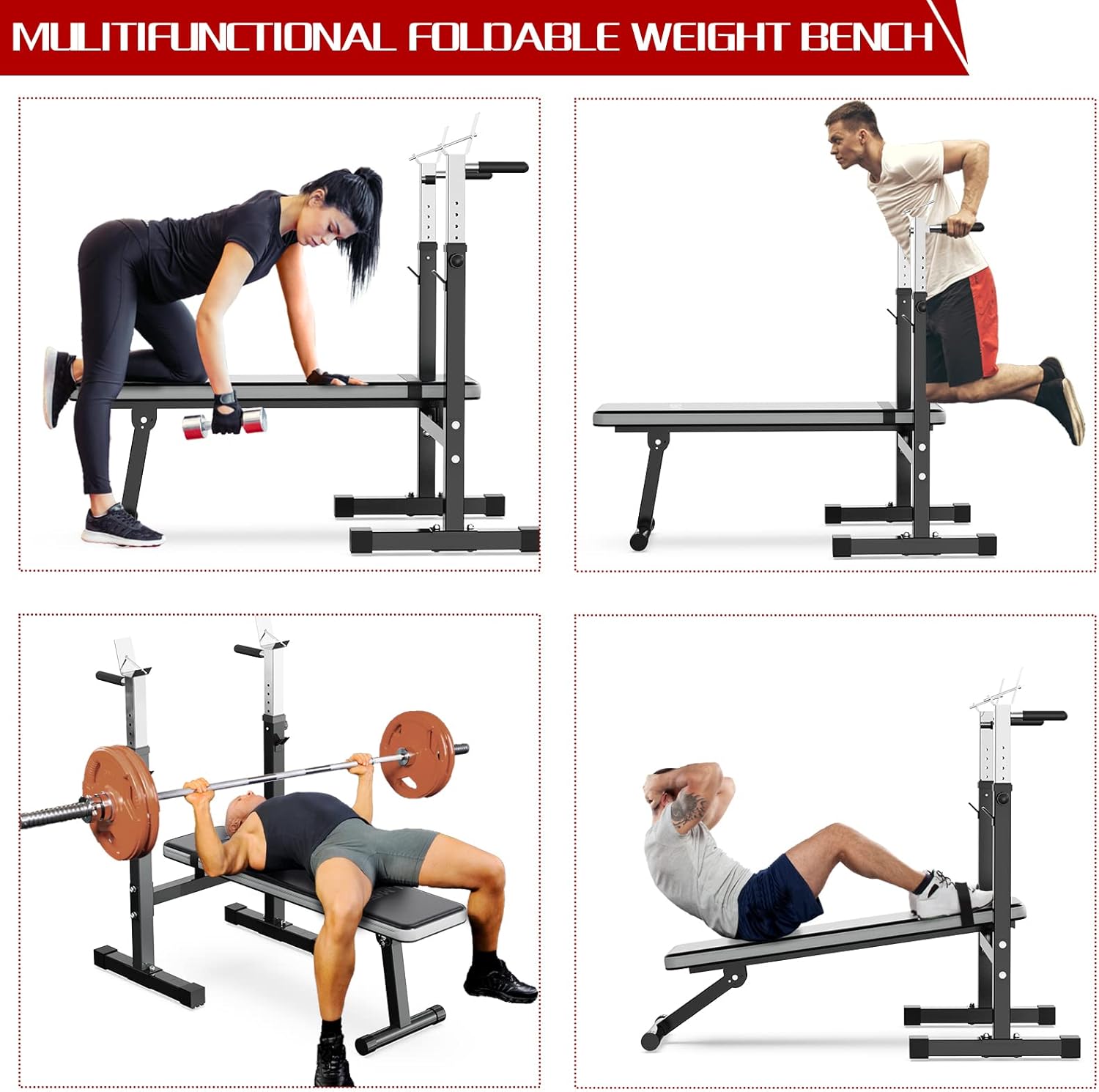 Lmdex Prensa de banco de peso ajustable con estante para sentadillas, estación de inmersión multifunción plegable para entrenamiento de cuerpo