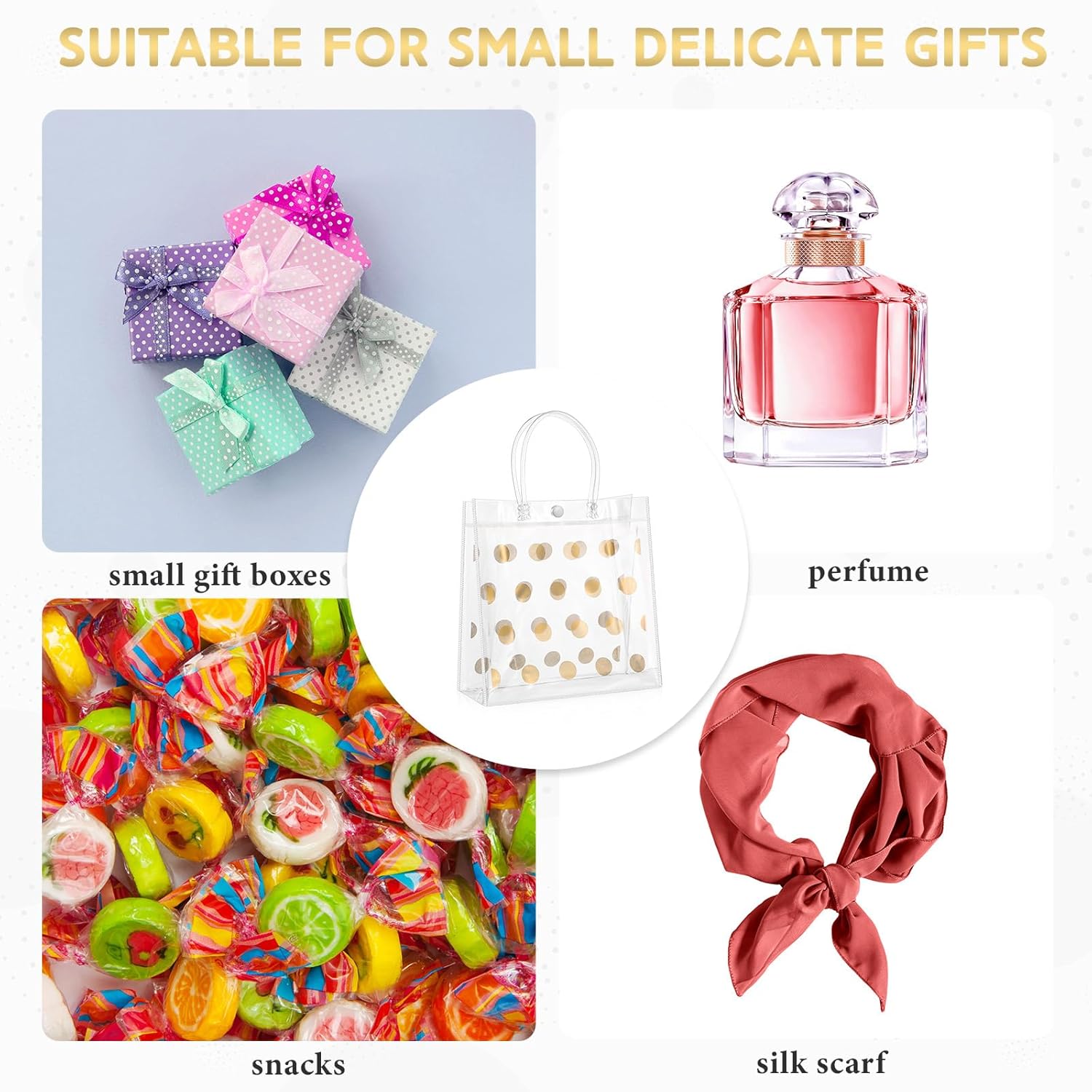 Silkfly 24 bolsas de regalo de plástico transparente para bodas con asa, bolsa de regalo transparente de PVC con lunares, reutilizable, bolsas de