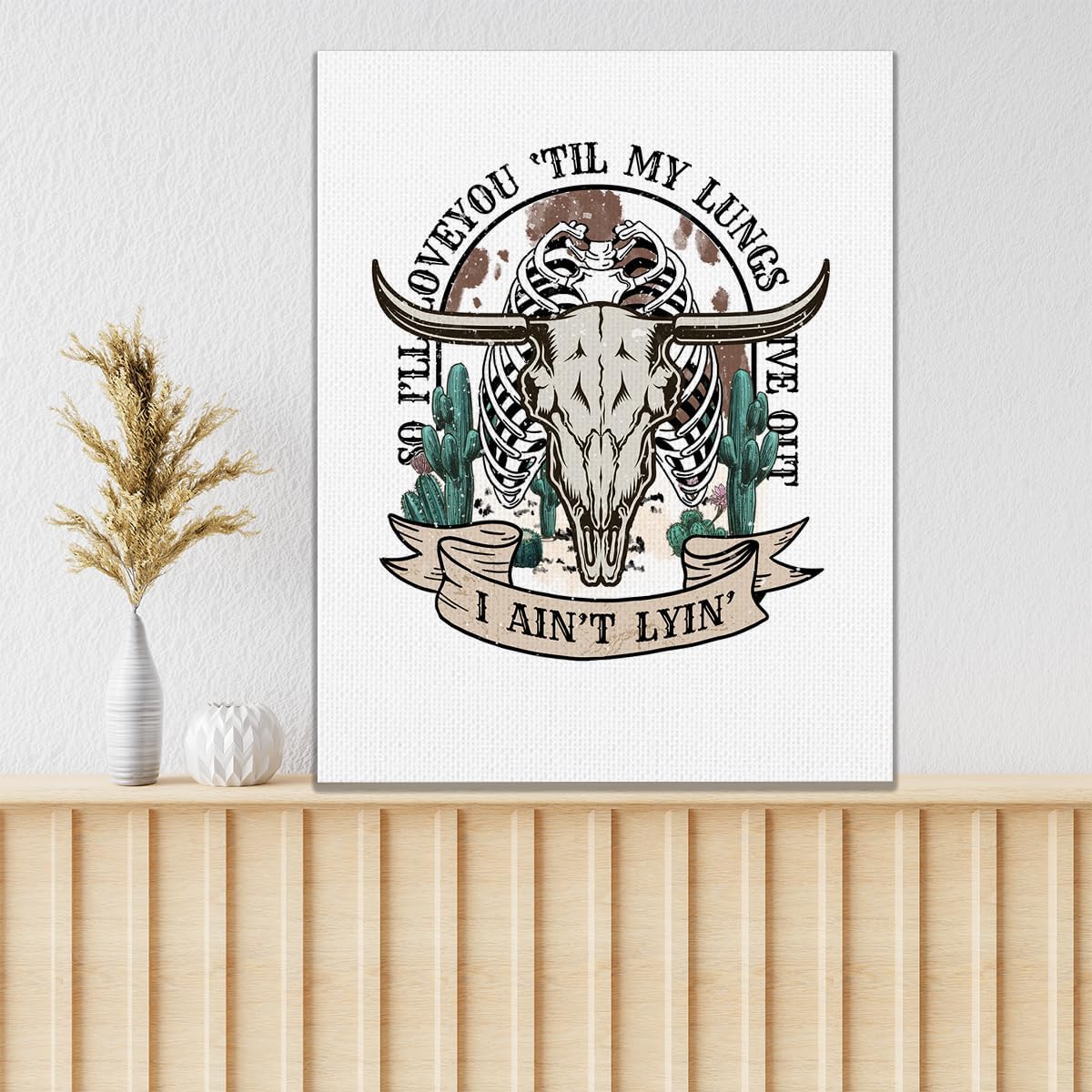 KEUSPI Lienzo decorativo retro de calavera de toro occidental con texto en inglés Love You ‘Til My Lungs Give Out, pintura artística para pared de