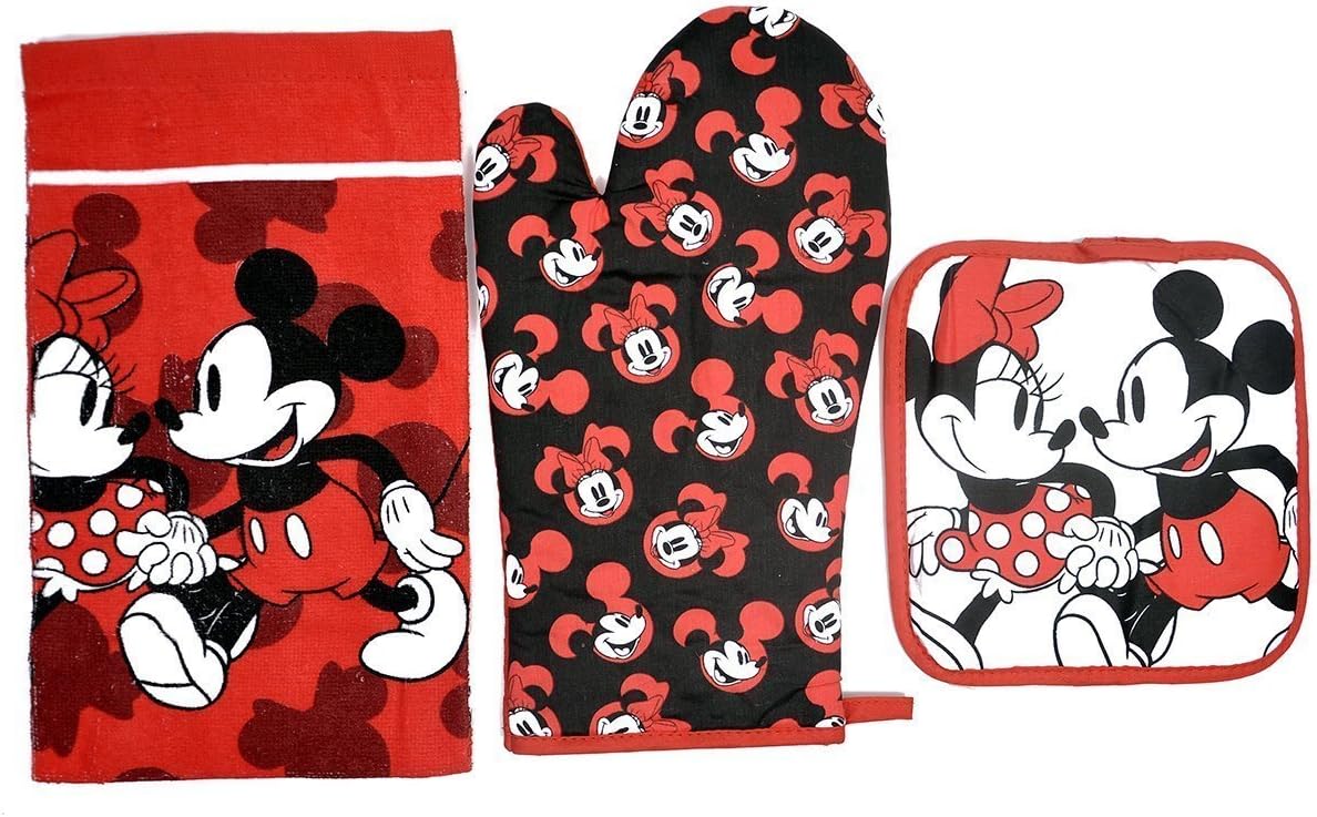 Disney Juego de cocina de 3 piezas con soporte para ollas y toalla de cocina (Mickey Minnie Red)