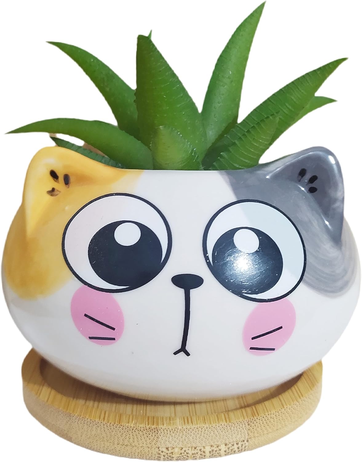 Juego de 6 macetas de cerámica para interiores de 3.5 pulgadas con forma de gato de dibujos animados con bandeja de bambú (planta no incluida)