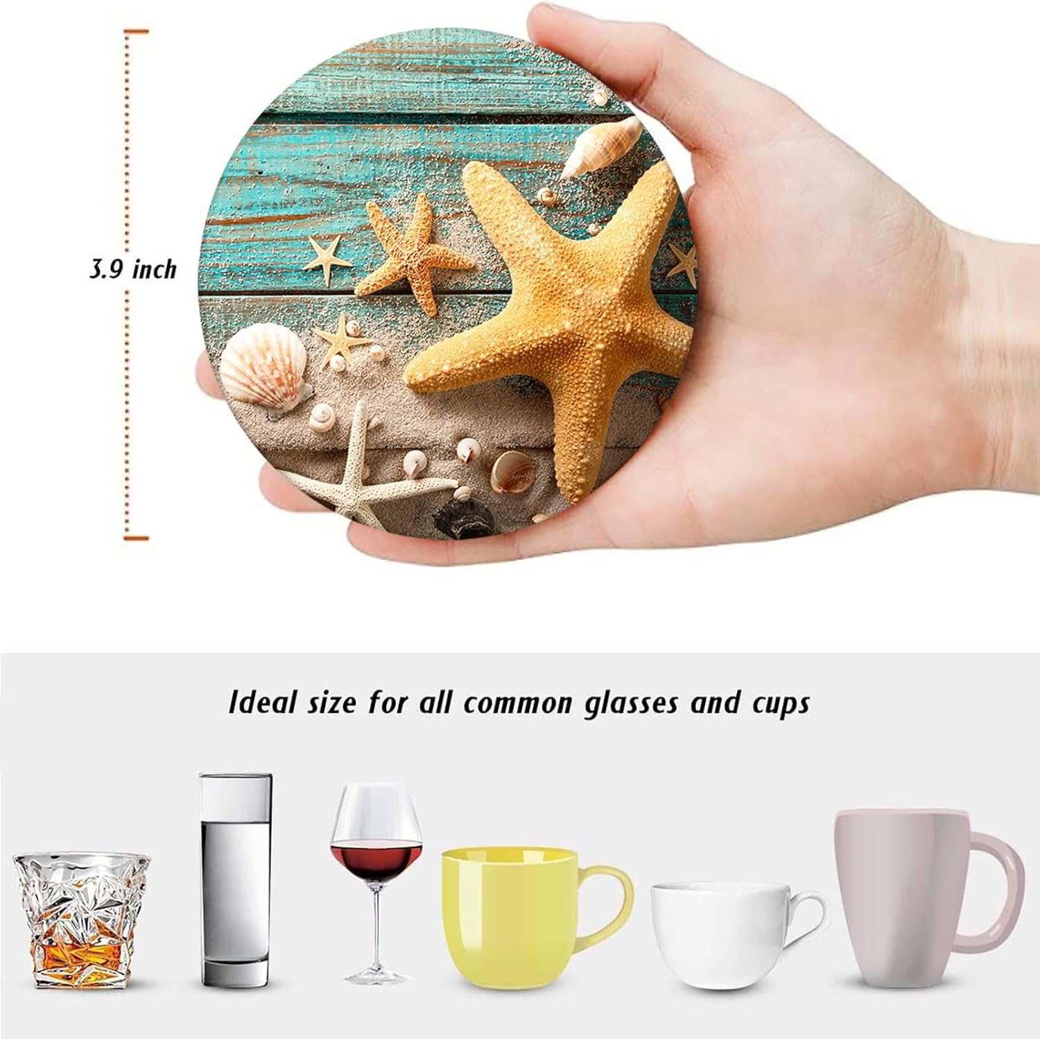 Bribay Juego de 6 posavasos para bebidas, diseño de estrellas de mar y conchas de mar, color azul playa, absorbente, con base de corcho y soporte de