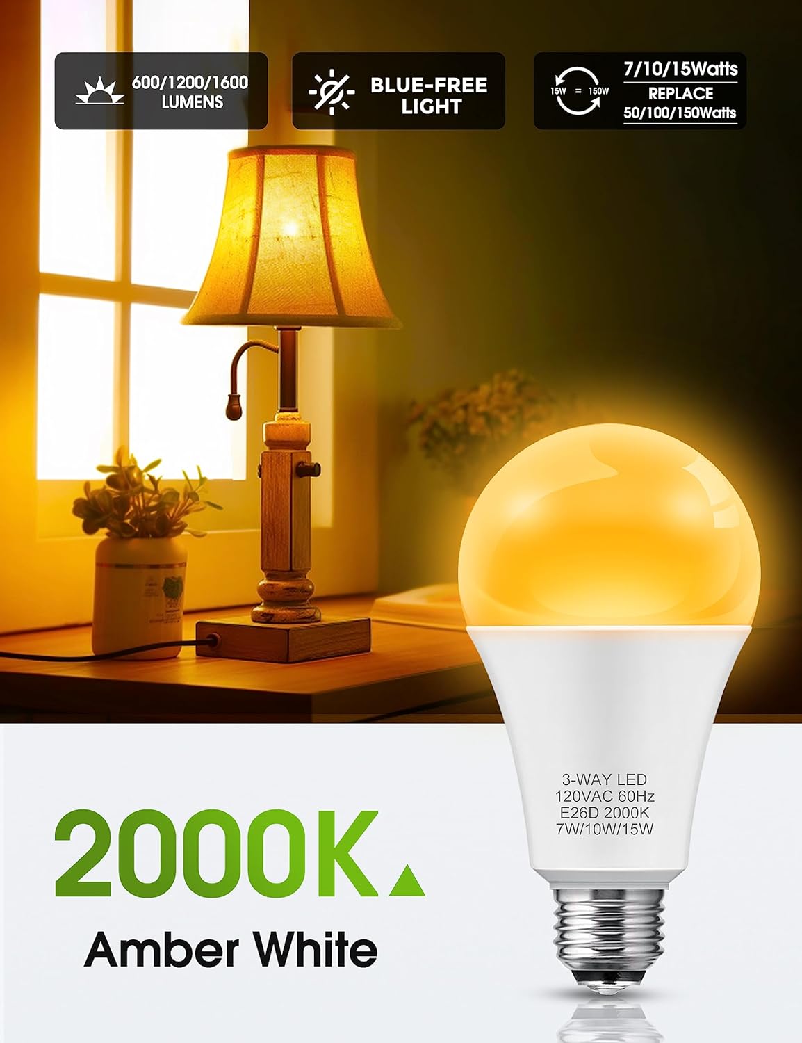 LOHAS – Bombillas ámbar de 3 vías equivalentes a 50100150 W, bombillas LED de 3 vías ámbar 2000K, bombillas ámbar regulables, bombilla de tres vías