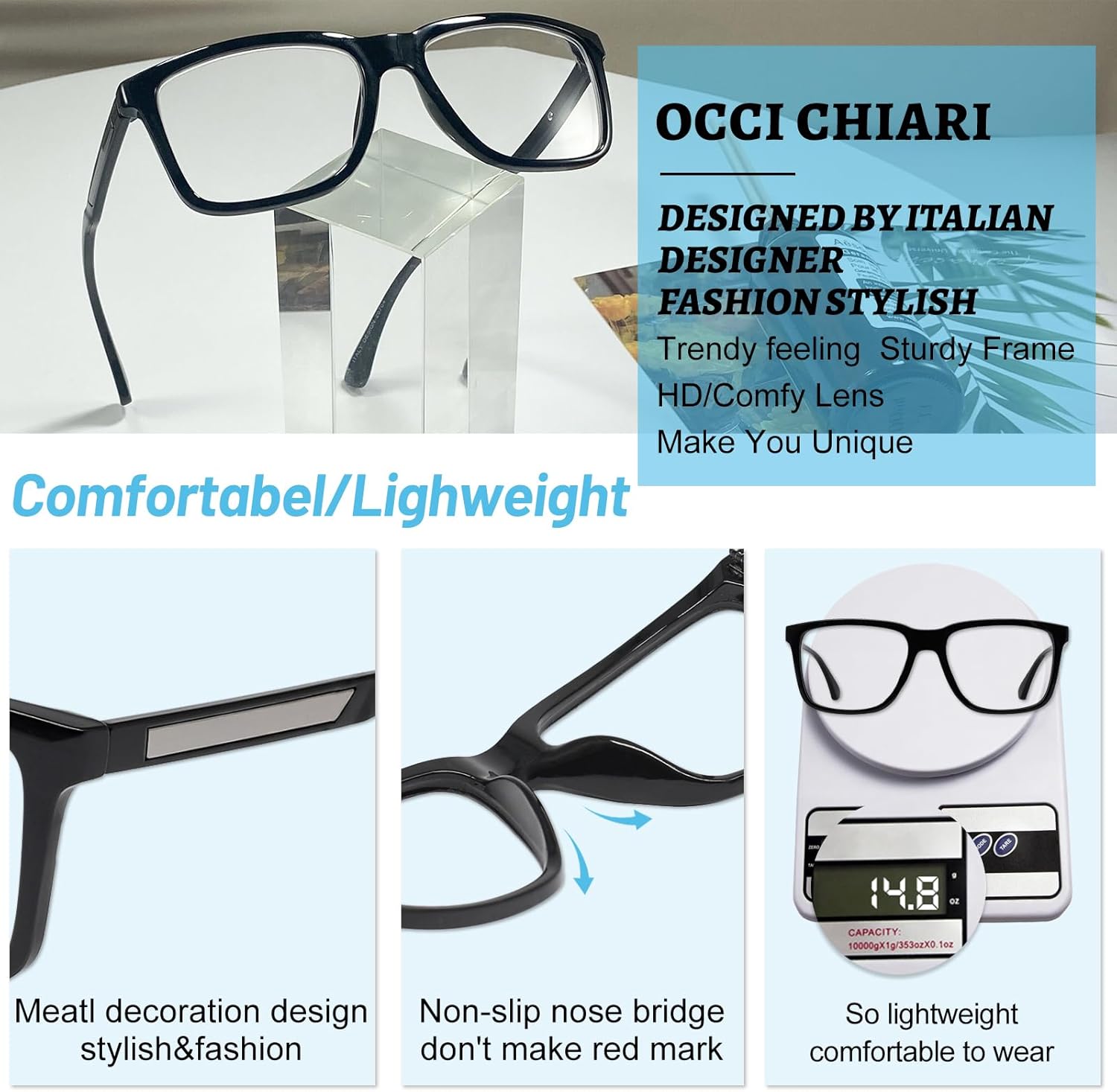 OCCI CHIARI Anteojos de lectura anchos para hombre, cabeza grande, lectores ultraligeros (1.0 1.25 1.5 1.75 2.0 2.25 2.5 2.75 3.0 3.5 4.0 5.0 6.0)