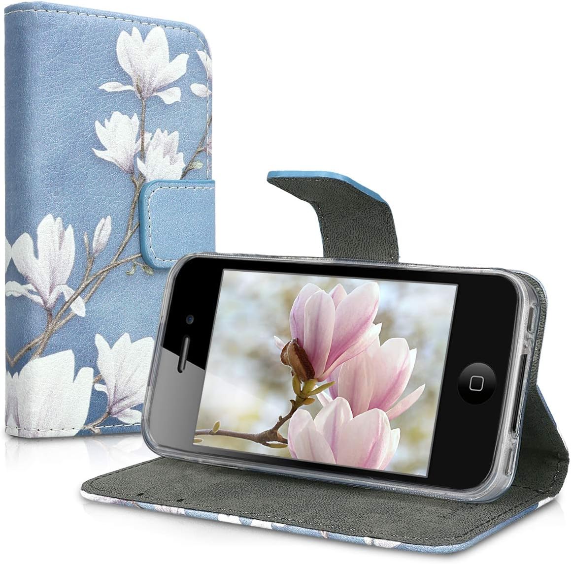 kwmobile Funda tipo cartera compatible con Apple iPhone 4 y 4S, magnolias gris topo, blanco, azul y gris