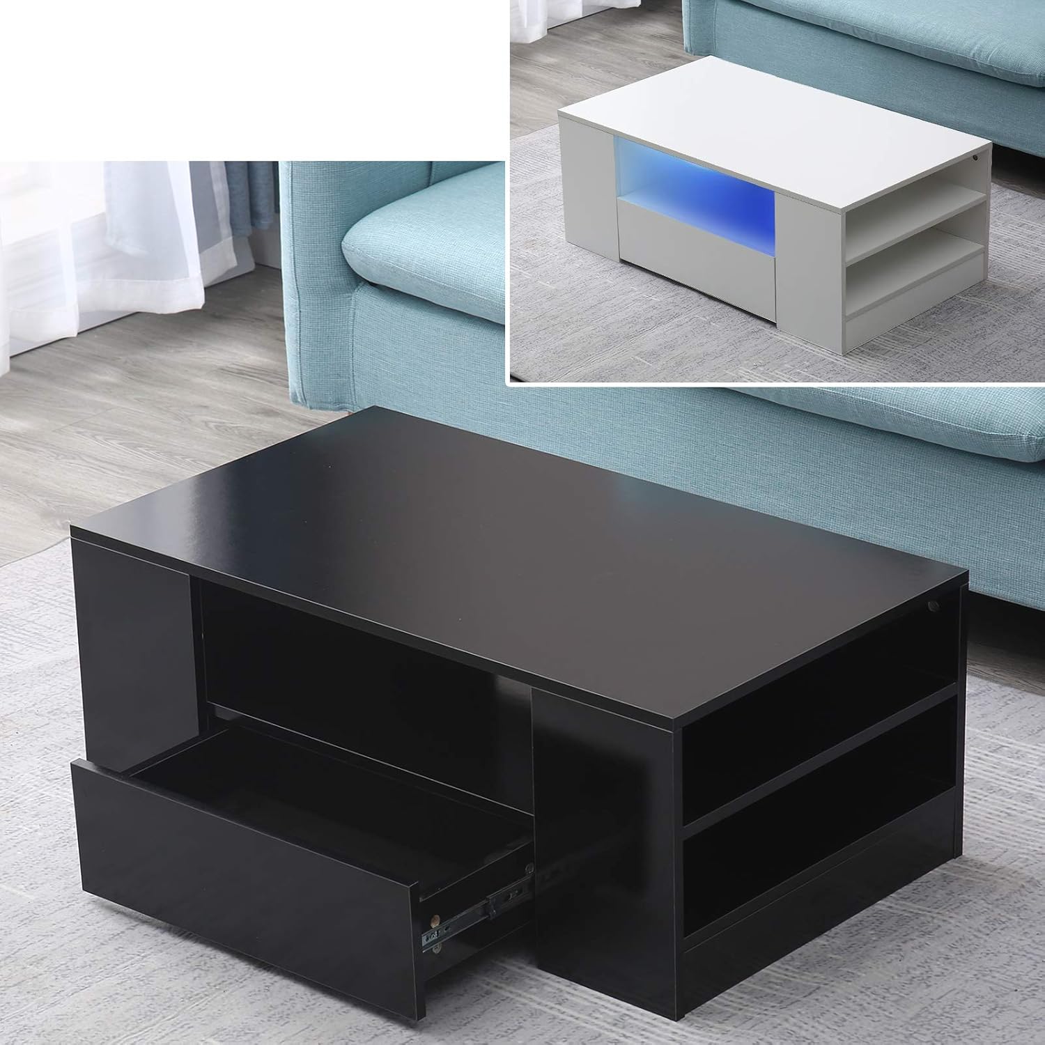Fichiouy Moderna mesa auxiliar de 37 pulgadas con cajón, mesa rectangular con luz LED para sala de estar, blanconegro (mesa auxiliar negra de alto