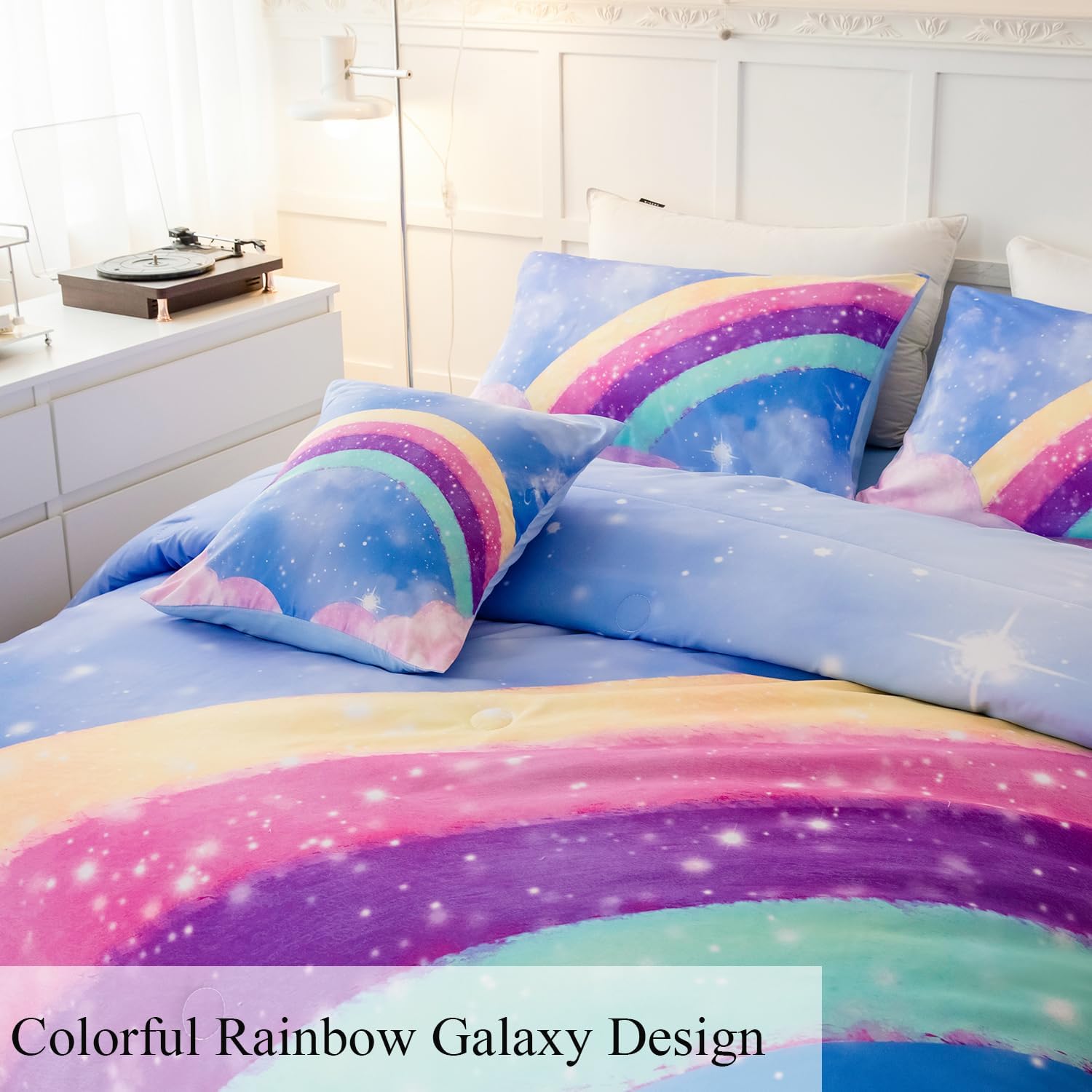 Juego de ropa de cama azul para niñas, juego de edredón de 6 piezas de arcoíris colorido para niñas, ropa de cama con purpurina degradado 3D en una