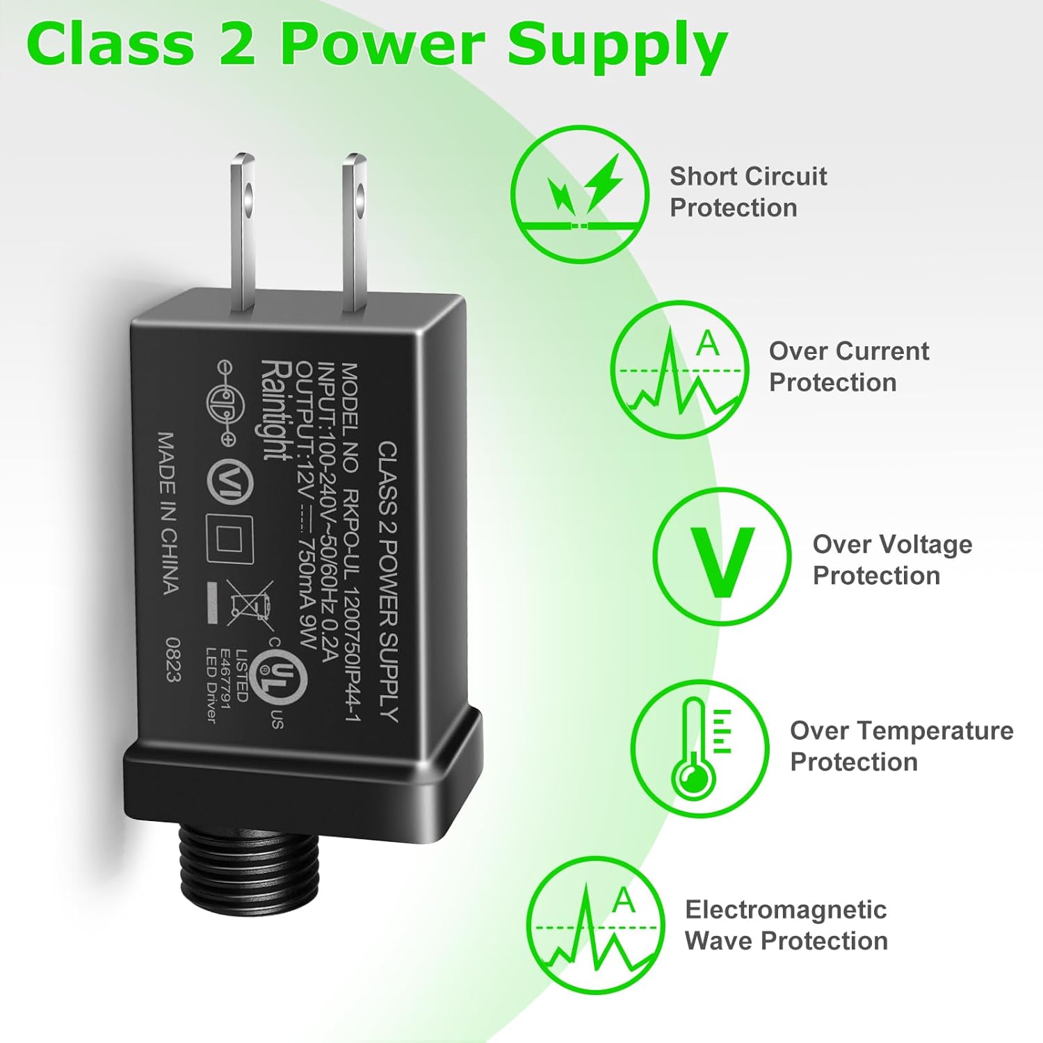 LightingWill Fuente de alimentación de clase 2 de 12 V, 9 W, adaptador de corriente inflable IP44, transformador de bajo voltaje de CA a CC,