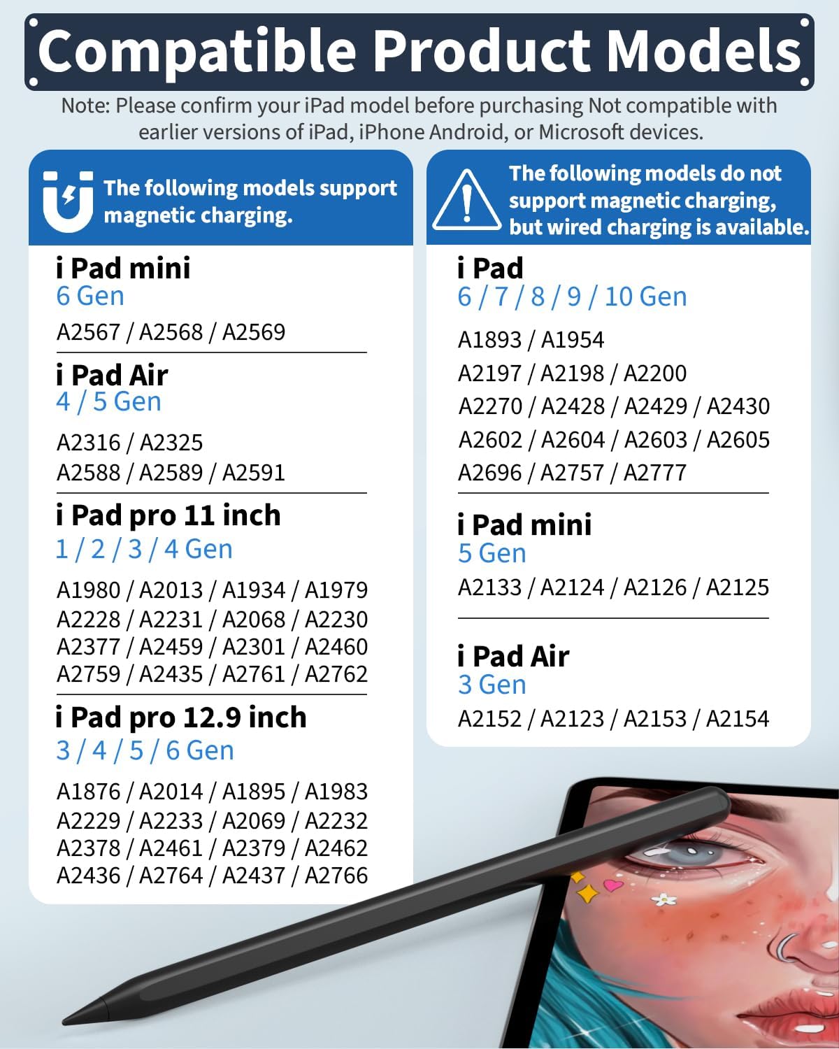 Lápiz iPad de 2 generación con carga inalámbrica magnética, con cargador magnético Apple Pencil, compatible con iPad 678910, iPad Pro 11 en 1234,