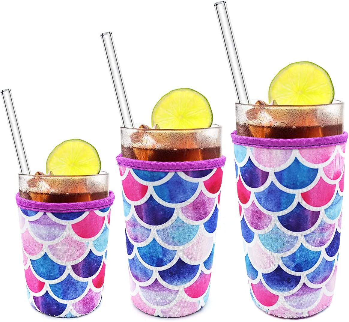 Paquete de 3 fundas reutilizables de neopreno reutilizables para taza de café helado, fundas reutilizables para bebidas frías y calientes (sirena)