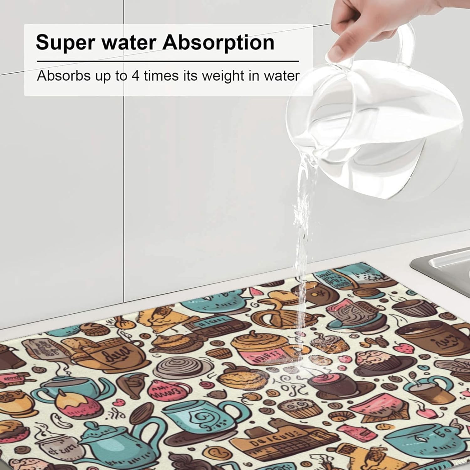 Tapete de secado de platos para tazas de café para decoración de encimera de cocina, 18 x 24 pulgadas, absorbente floral, reversible, de microfibra,