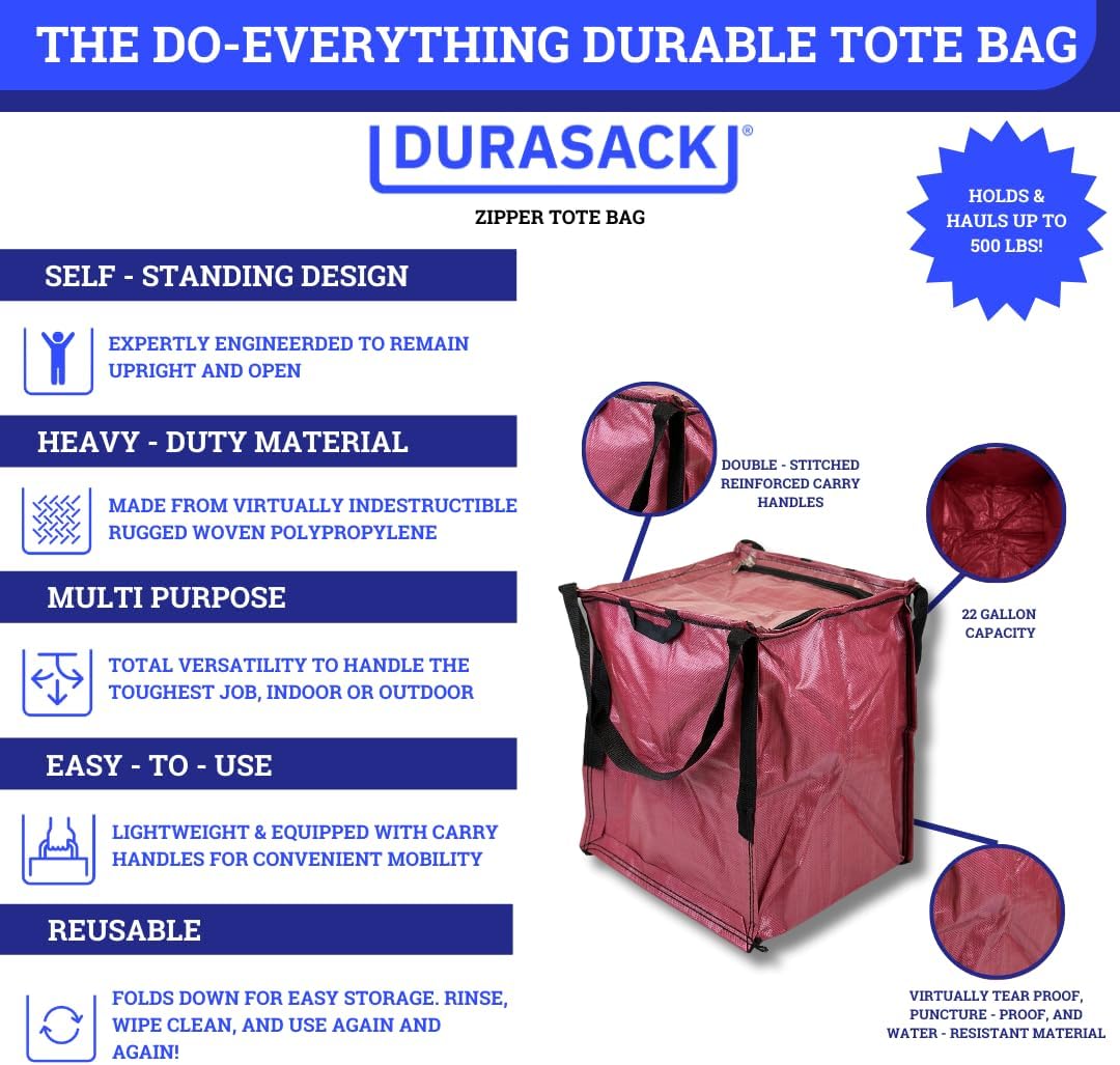 DURASACK Bolsa de almacenamiento resistente con cremallera superior de 22 galones, bolsa de mudanza de polipropileno tejido resistente, diseño