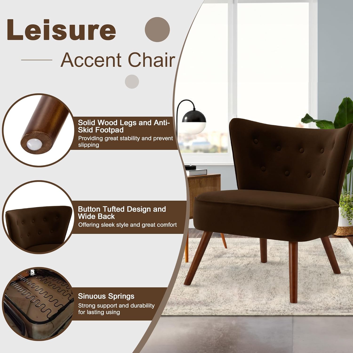 RUOVU Sillas decorativas de terciopelo modernas de mediados de siglo, sillas de sala de estar sin brazos con patas de madera, sillas de club con
