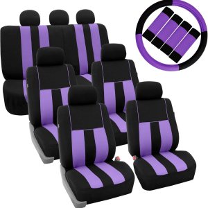 FH Group Juego de fundas de asiento de coche de tres filas llamativas a rayas para volante y almohadillas para cinturón de seguridad, color morado, FH Group Juego de fundas de asiento de coche de tres filas llamativas a rayas para volante y almohadillas para cinturón de seguridad, color morado,